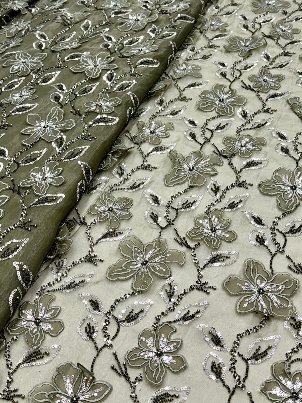 Olive Green Floral Patchwork Glass Organza Fabric | 2503452