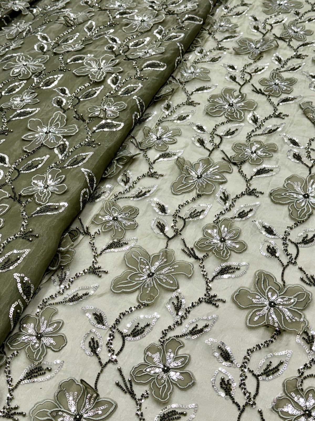 Olive Green Floral Patchwork Glass Organza Fabric | 2503452