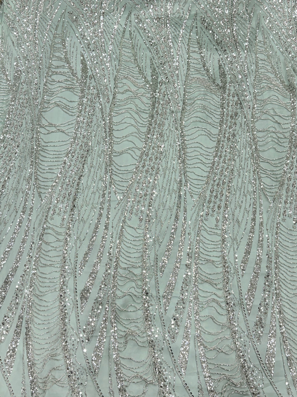 Mint Silver Sequin & Beaded Embroidered Net Fabric | 2506657