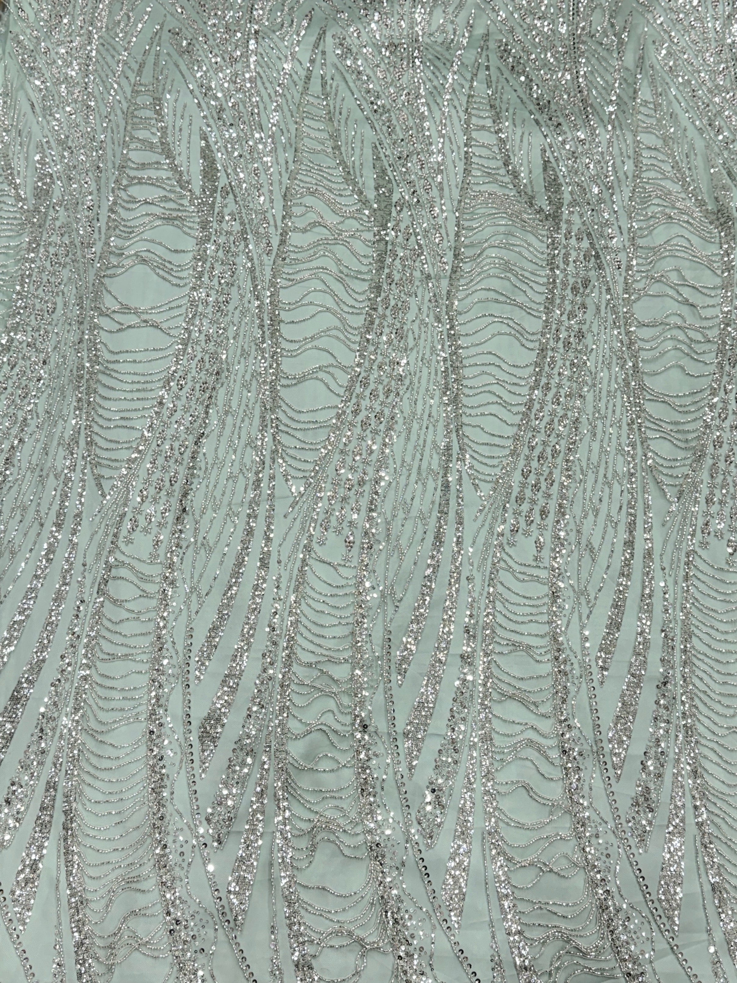 Mint Silver Sequin & Beaded Embroidered Net Fabric | 2506657