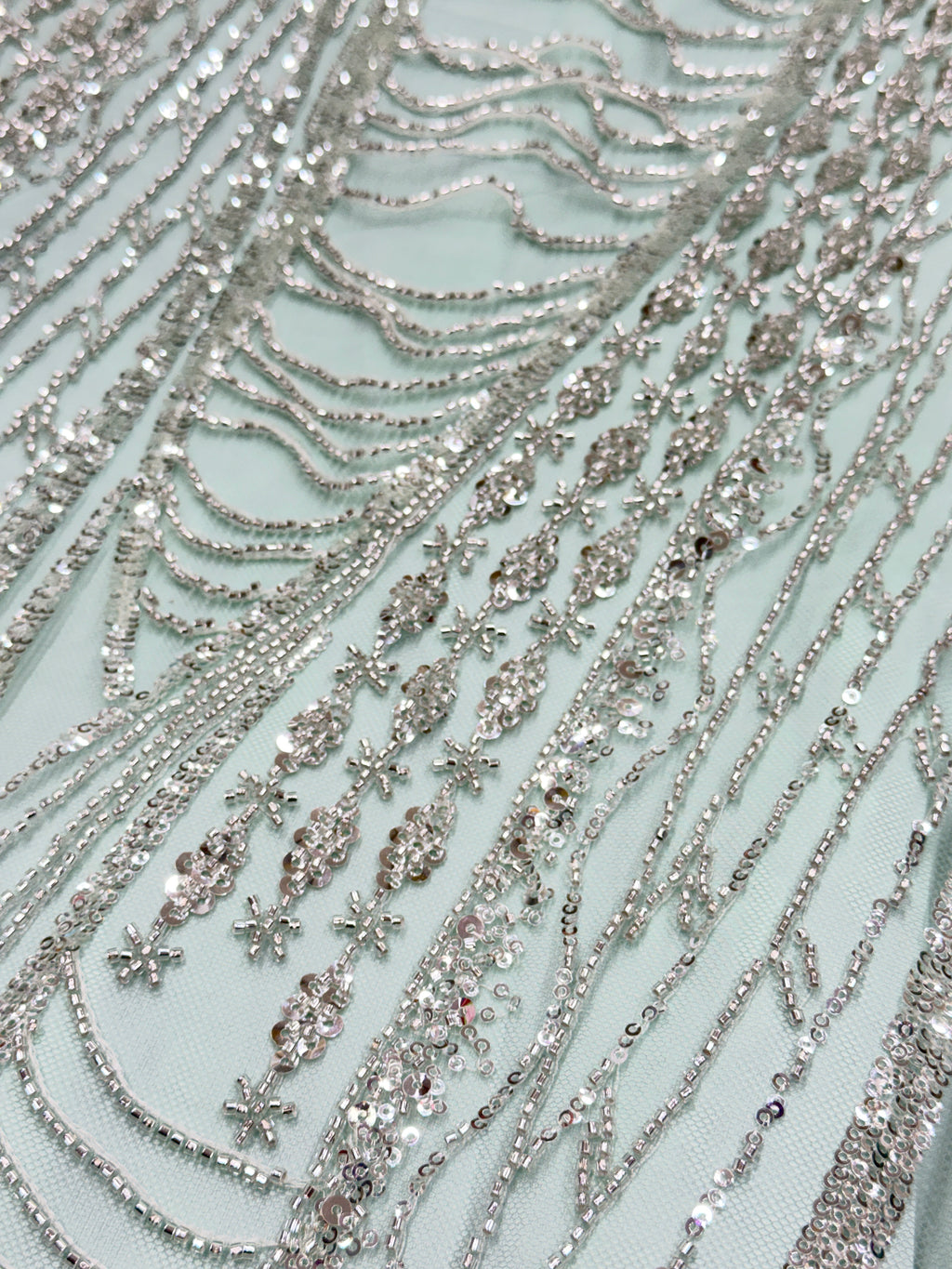 Mint Silver Sequin & Beaded Embroidered Net Fabric | 2506657