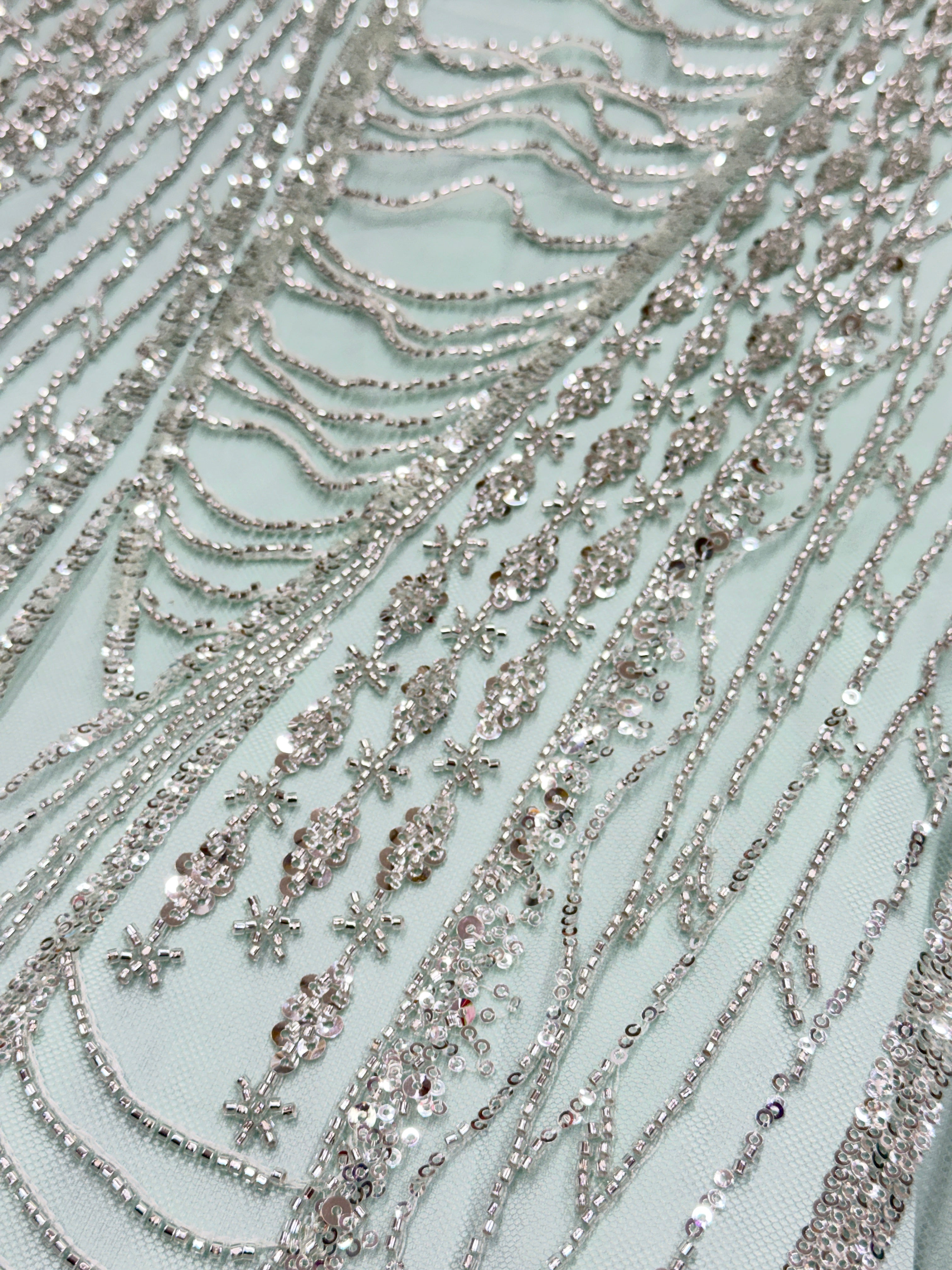 Mint Silver Sequin & Beaded Embroidered Net Fabric | 2506657