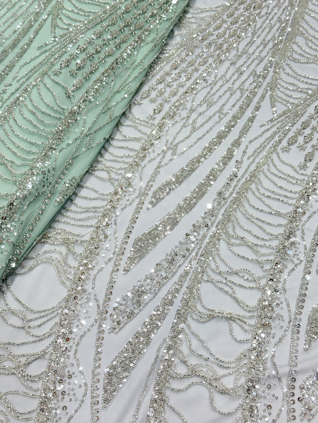 Mint Silver Sequin & Beaded Embroidered Net Fabric | 2506657