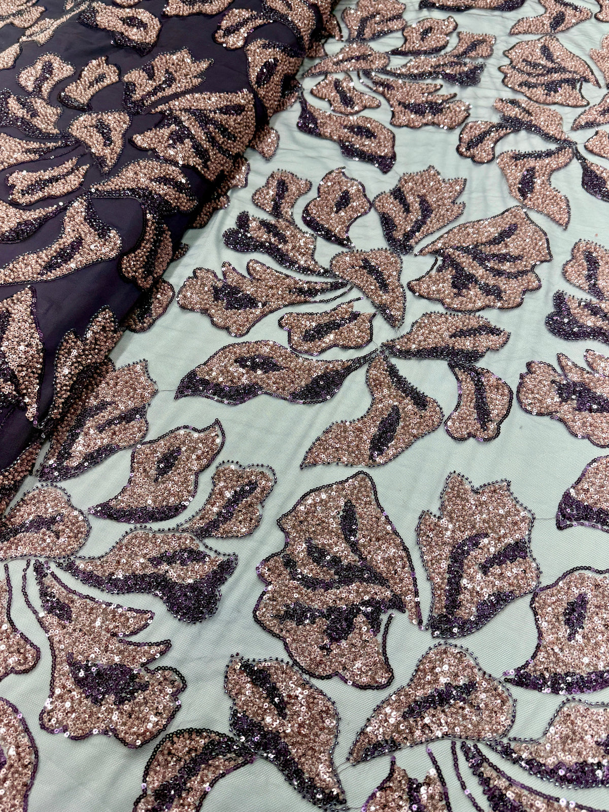 Purple Floral Beaded Sequin Net Fabric | 2506694