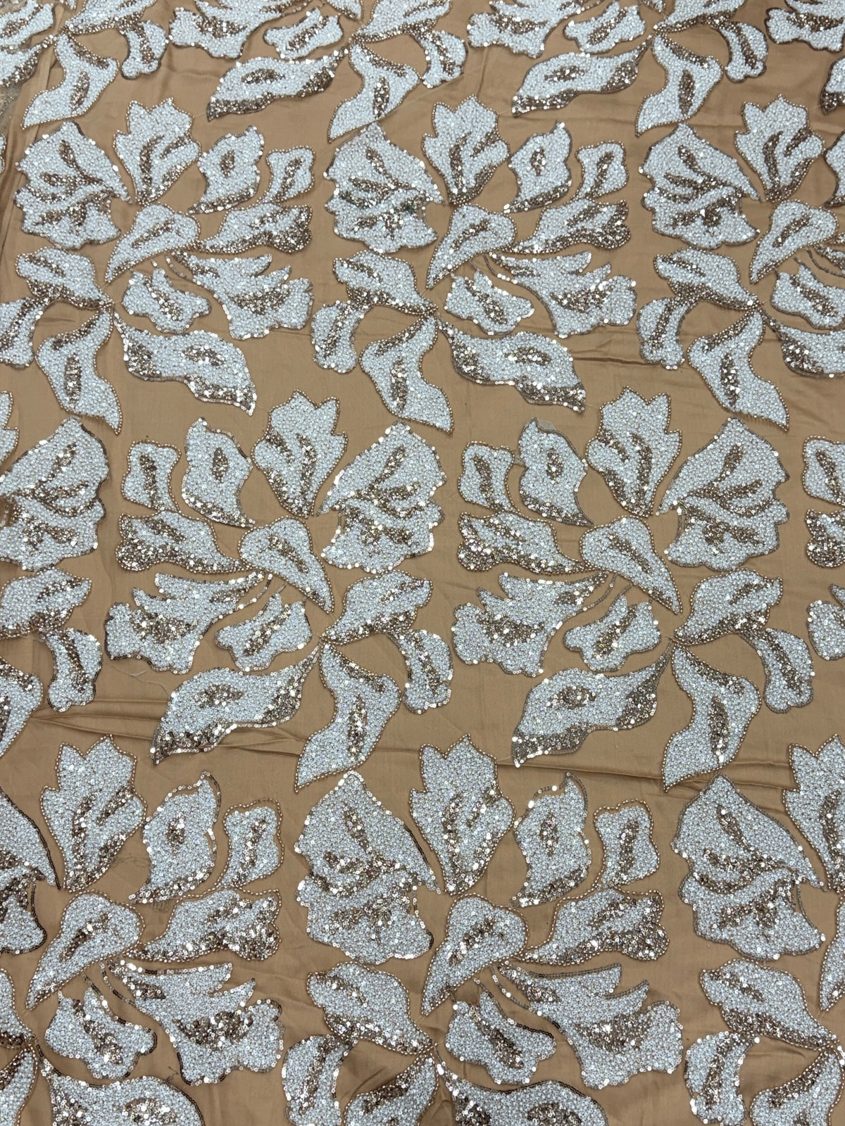 Gold Floral Beaded Sequin Net Fabric | 2506694