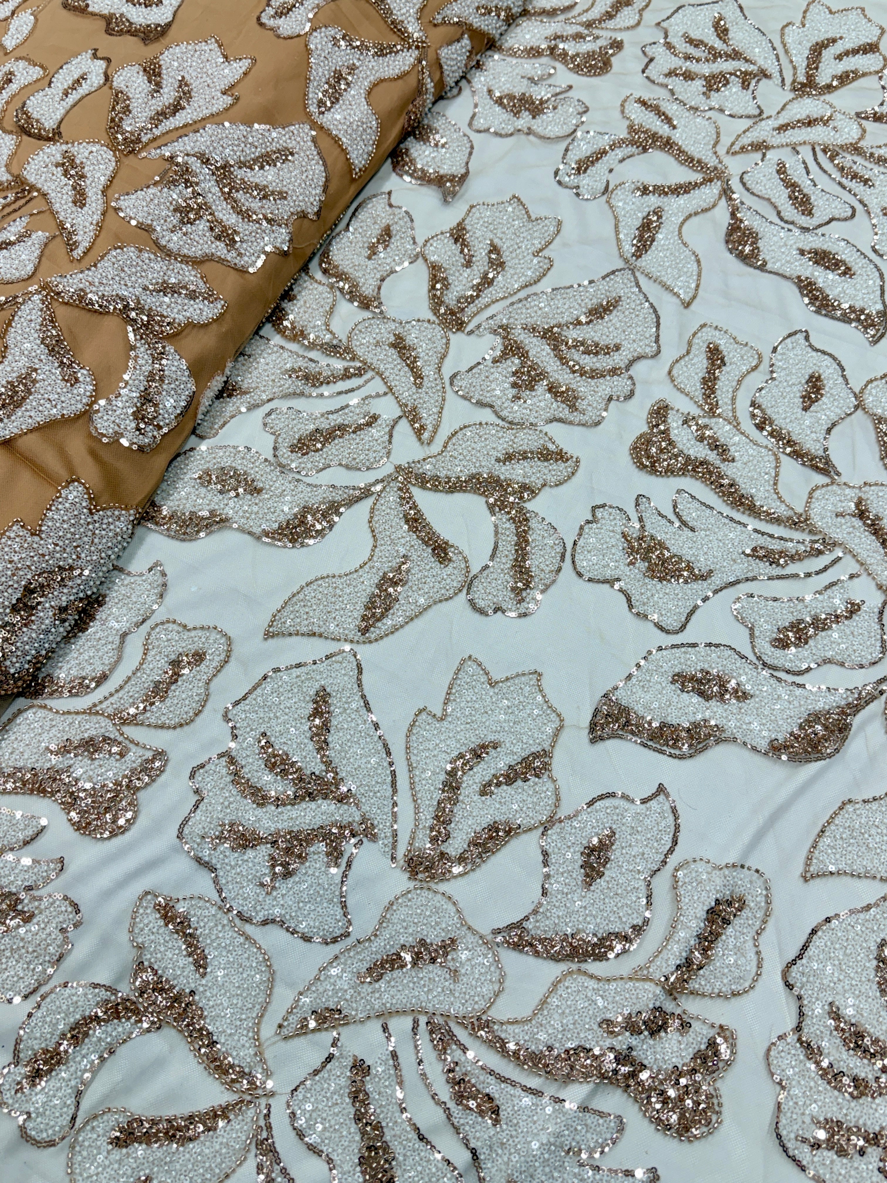 Gold Floral Beaded Sequin Net Fabric | 2506694