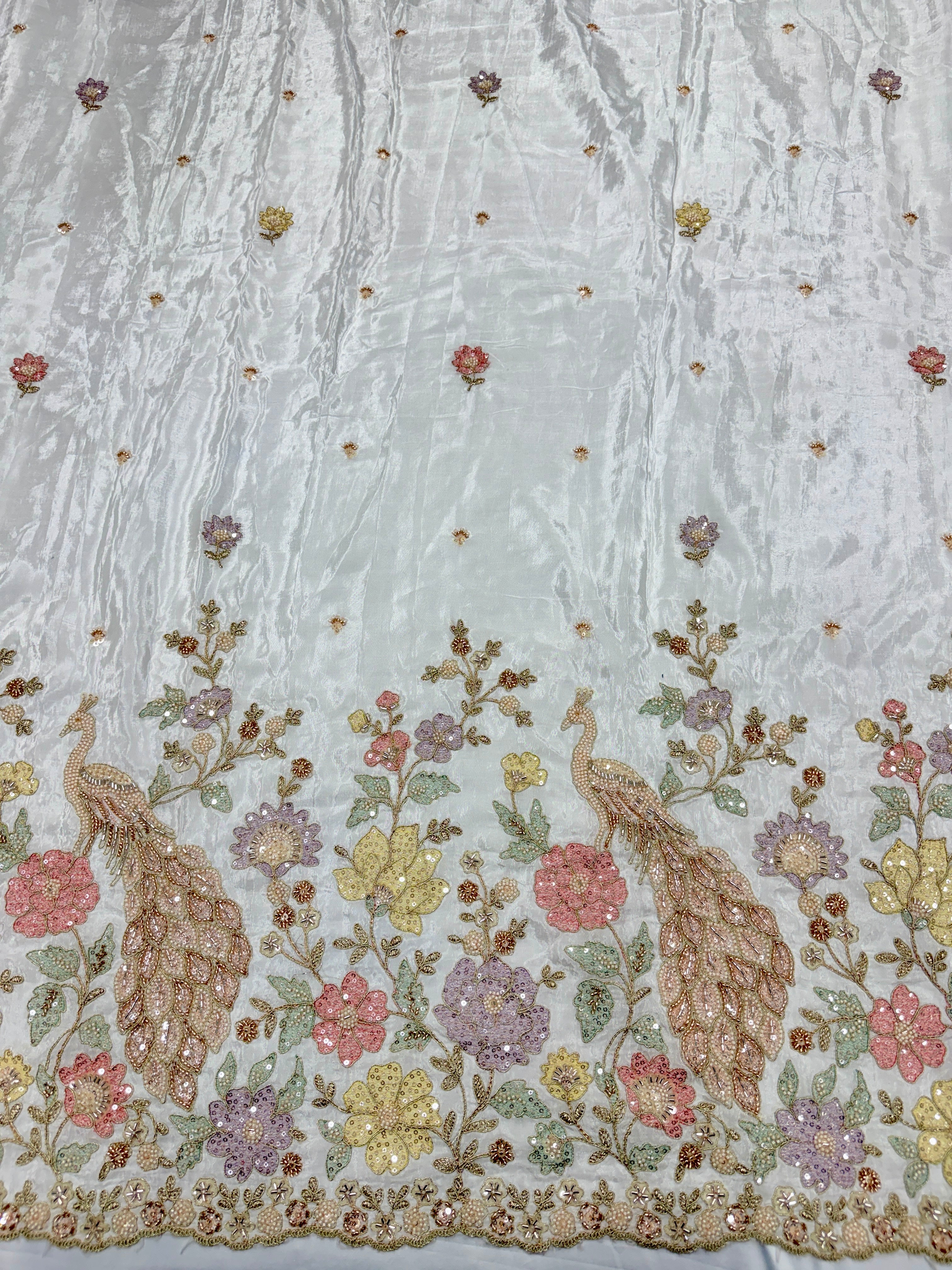 Multi-colour Peacock Beadwork Crepe Fabric | 2506628