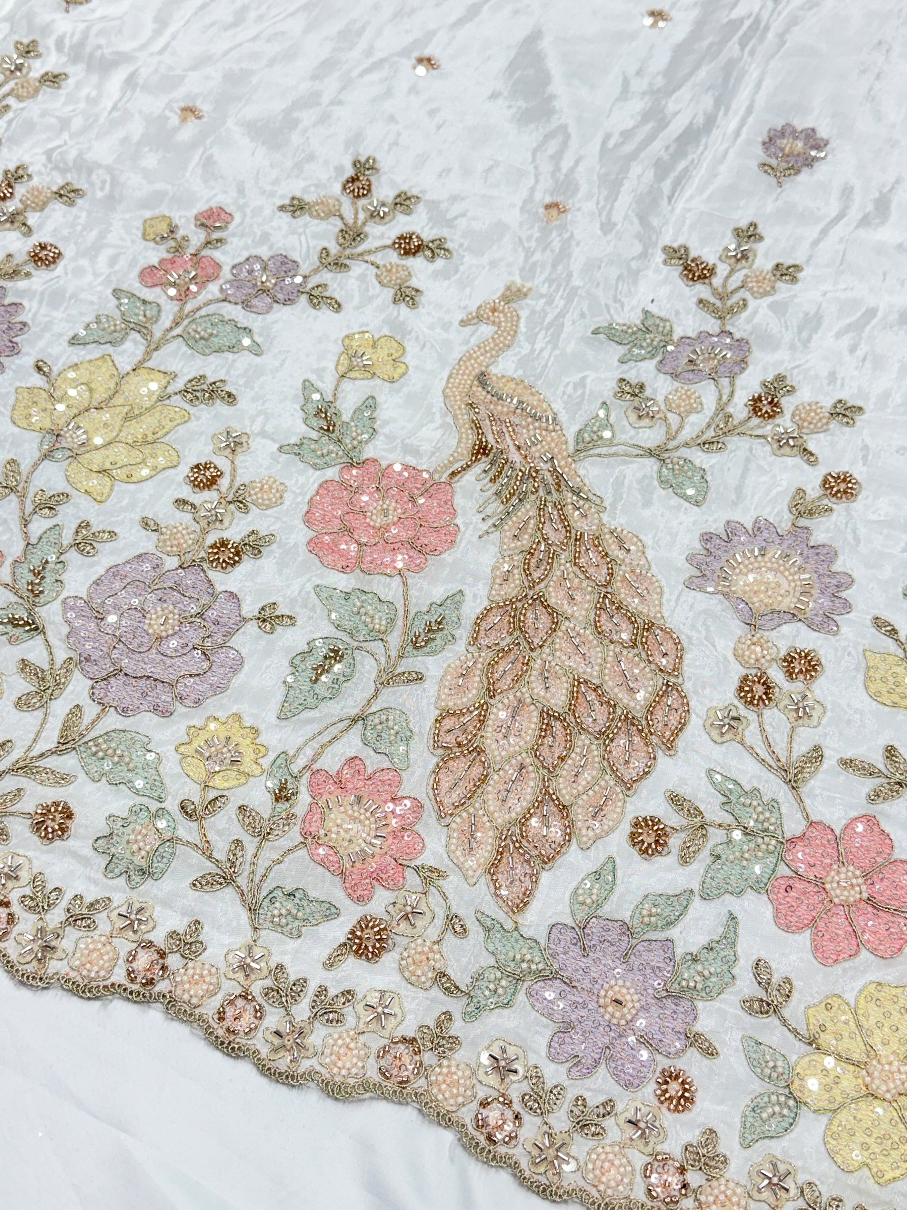 Multi-colour Peacock Beadwork Crepe Fabric | 2506628