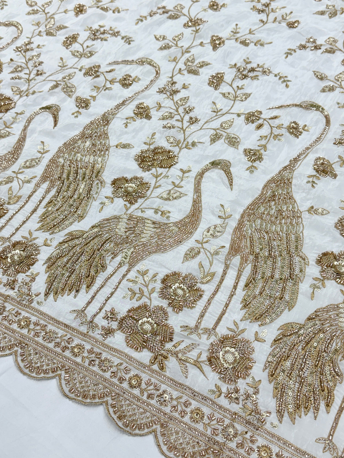 Peacock Beadwork Crepe Fabric | Designer Embroidered Fabric | 2506848