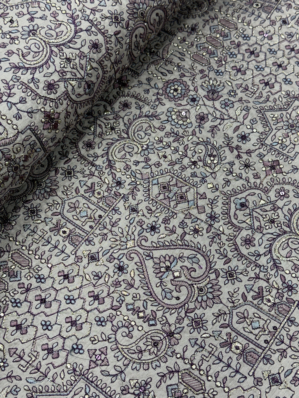 Mughal Paisley & Floral Silk Threadwork Fabric | 2504014