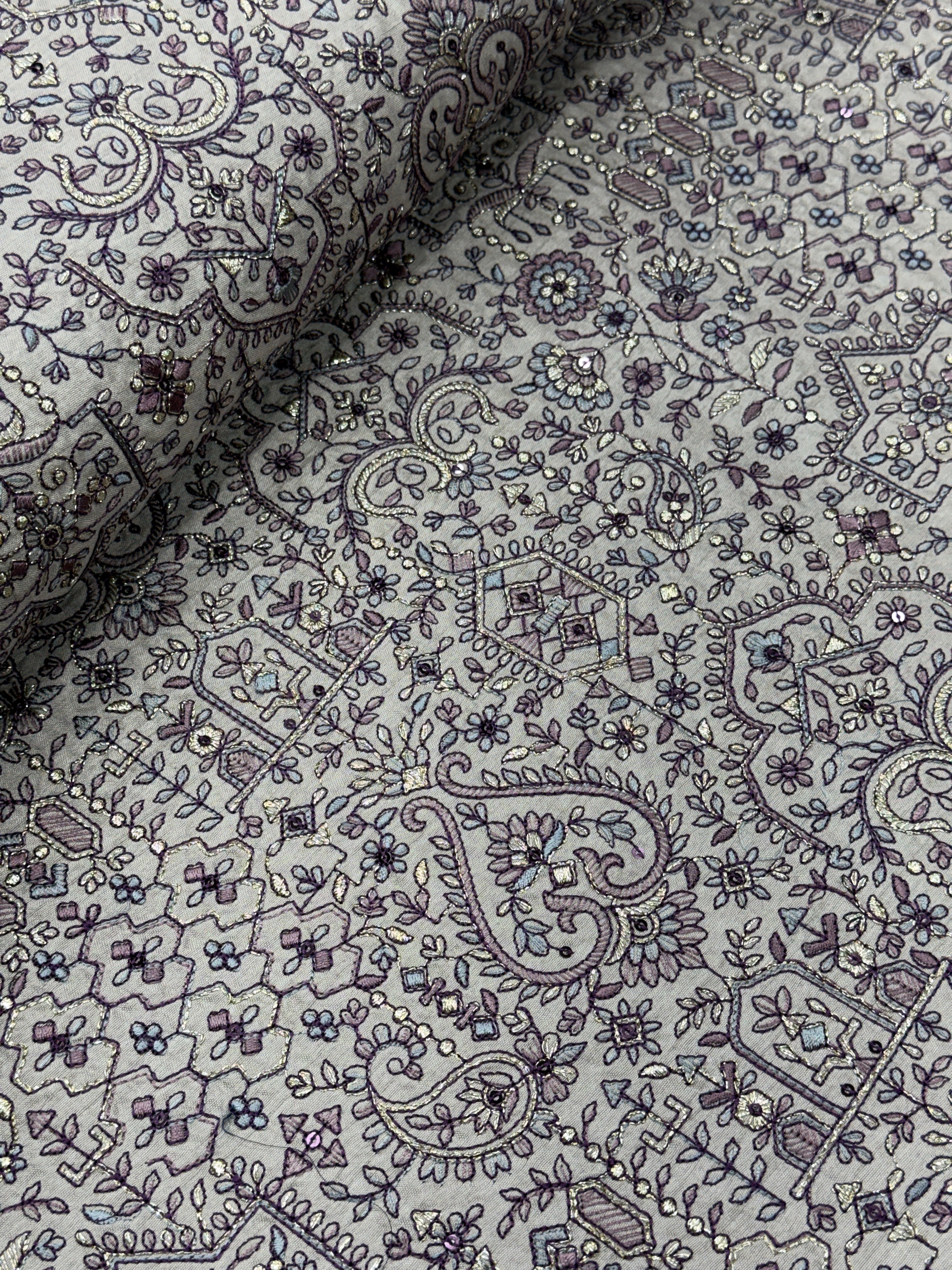 Mughal Paisley & Floral Silk Threadwork Fabric | 2504014
