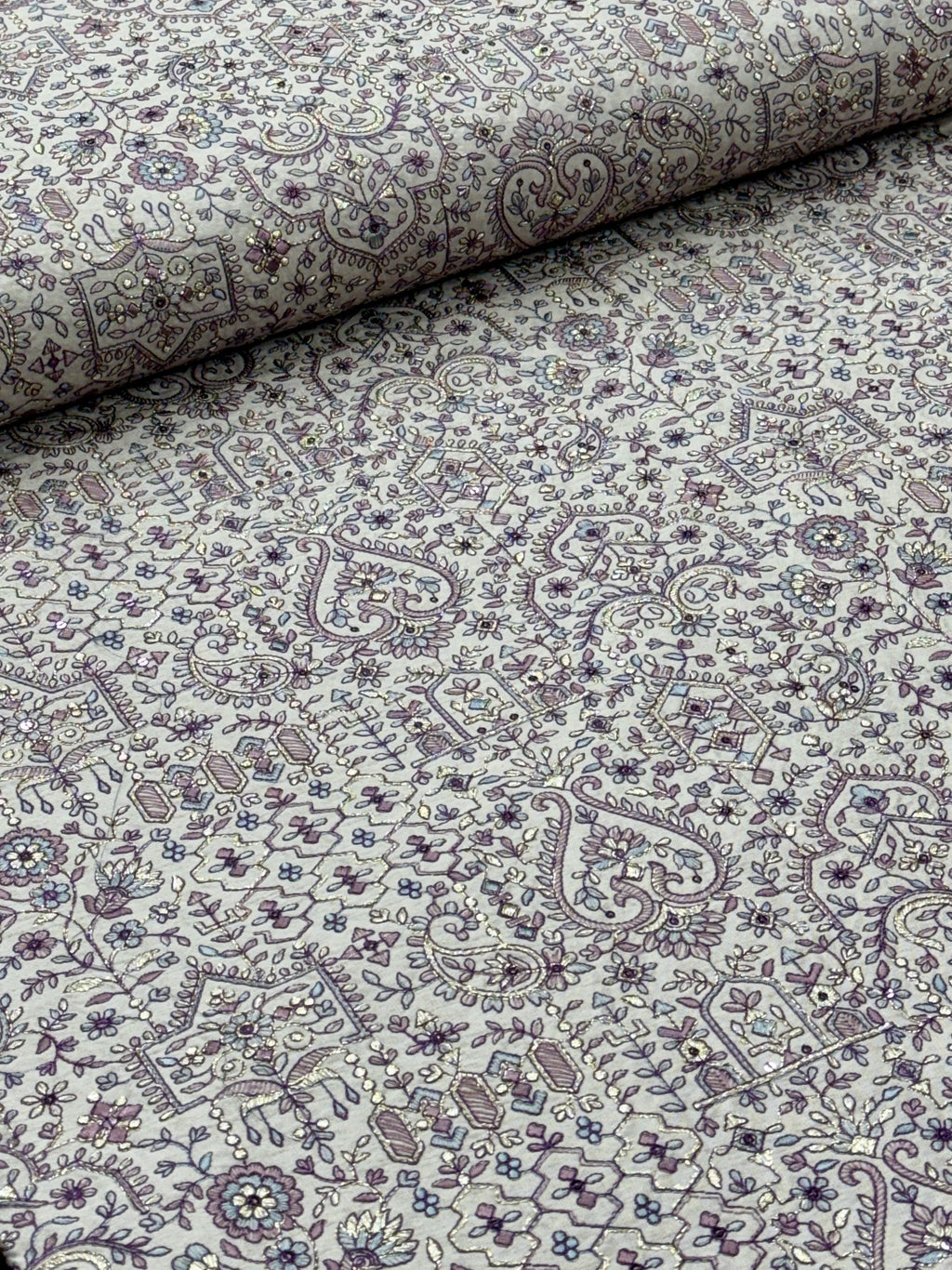 Mughal Paisley & Floral Silk Threadwork Fabric | 2504014