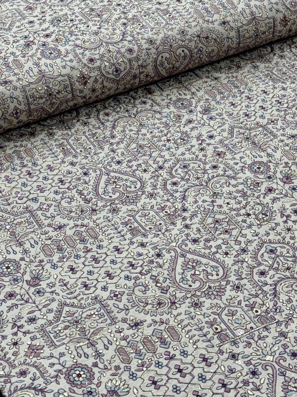 Mughal Paisley & Floral Silk Threadwork Fabric | 2504014