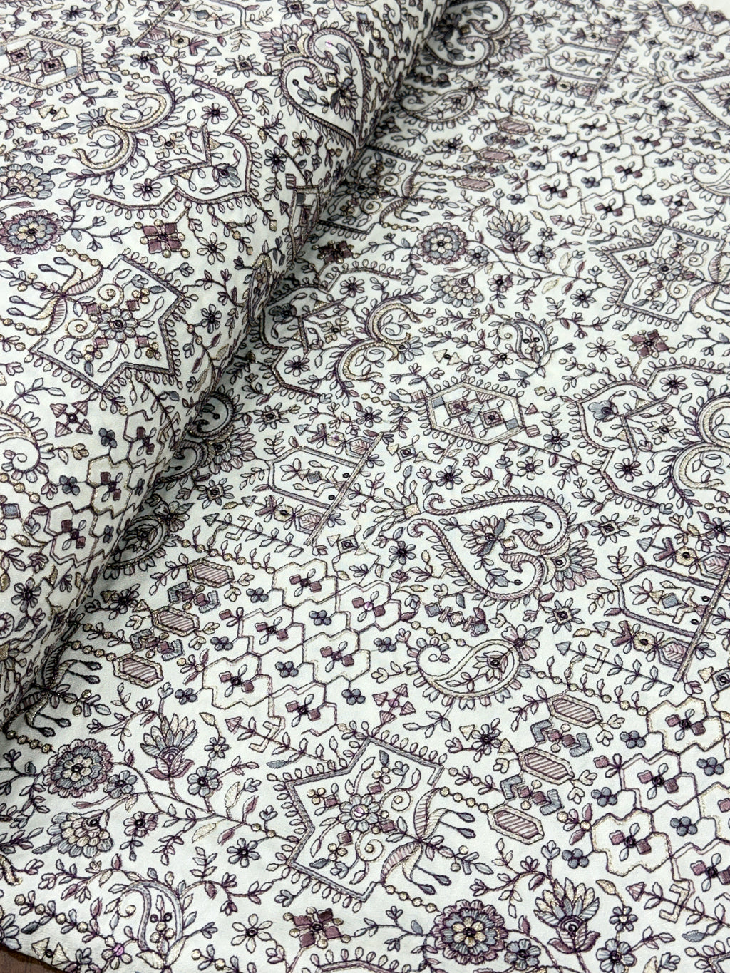 Royal Mughal Paisley Silk Threadwork Fabric | 2504014
