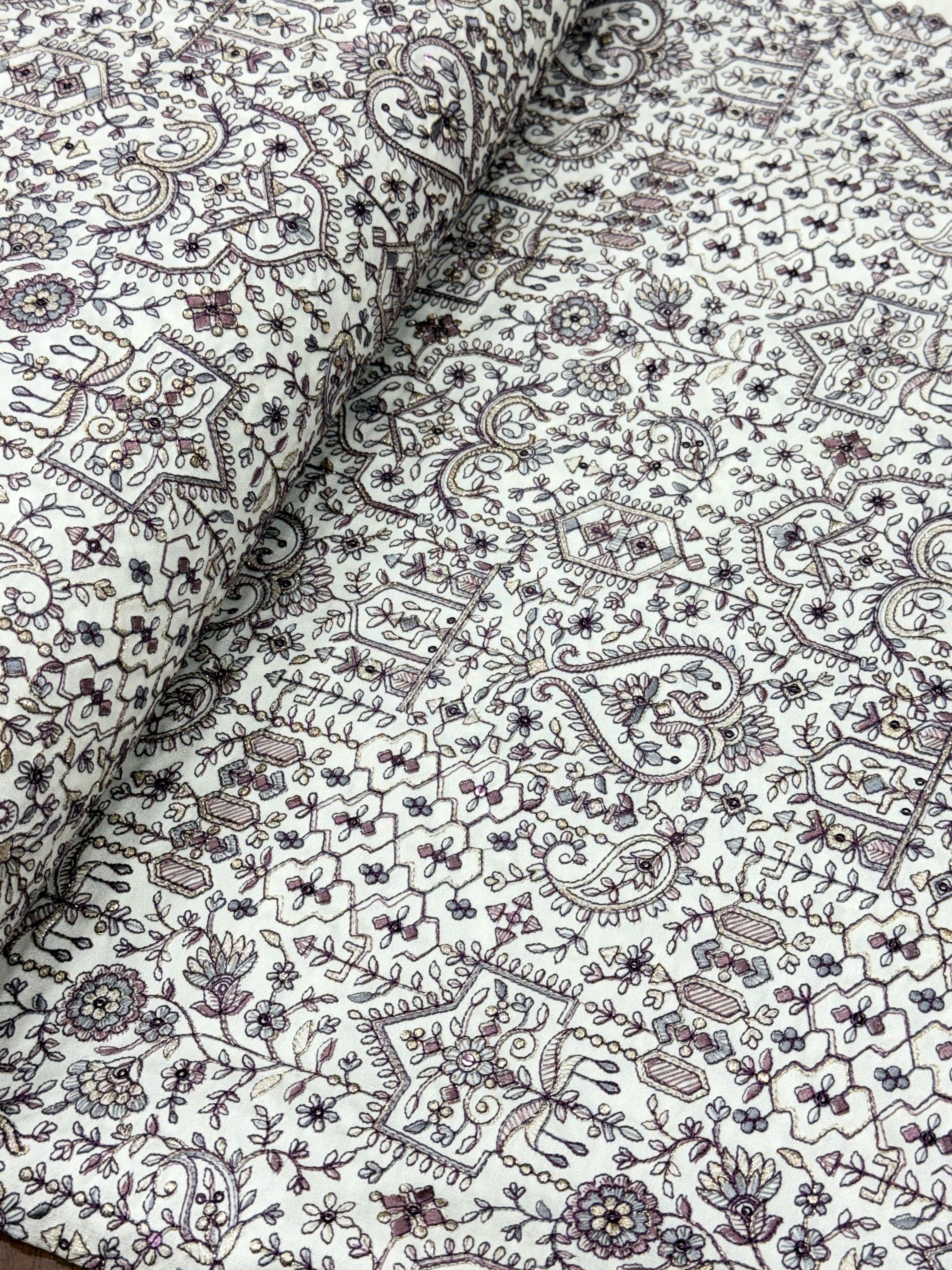 Royal Mughal Paisley Silk Threadwork Fabric | 2504014