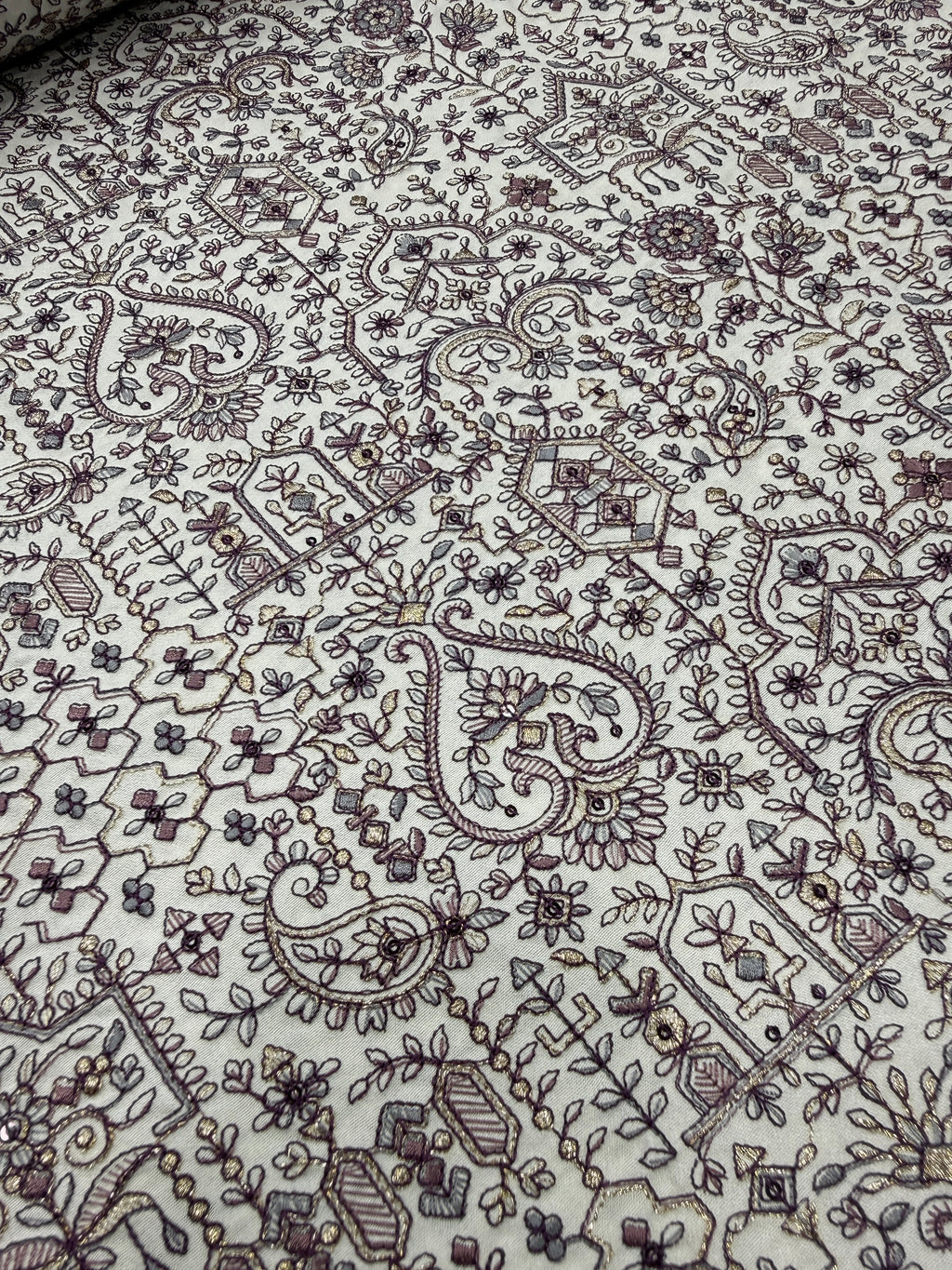 Royal Mughal Paisley Silk Threadwork Fabric | 2504014