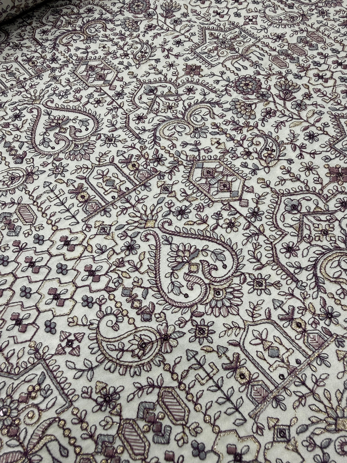 Royal Mughal Paisley Silk Threadwork Fabric | 2504014