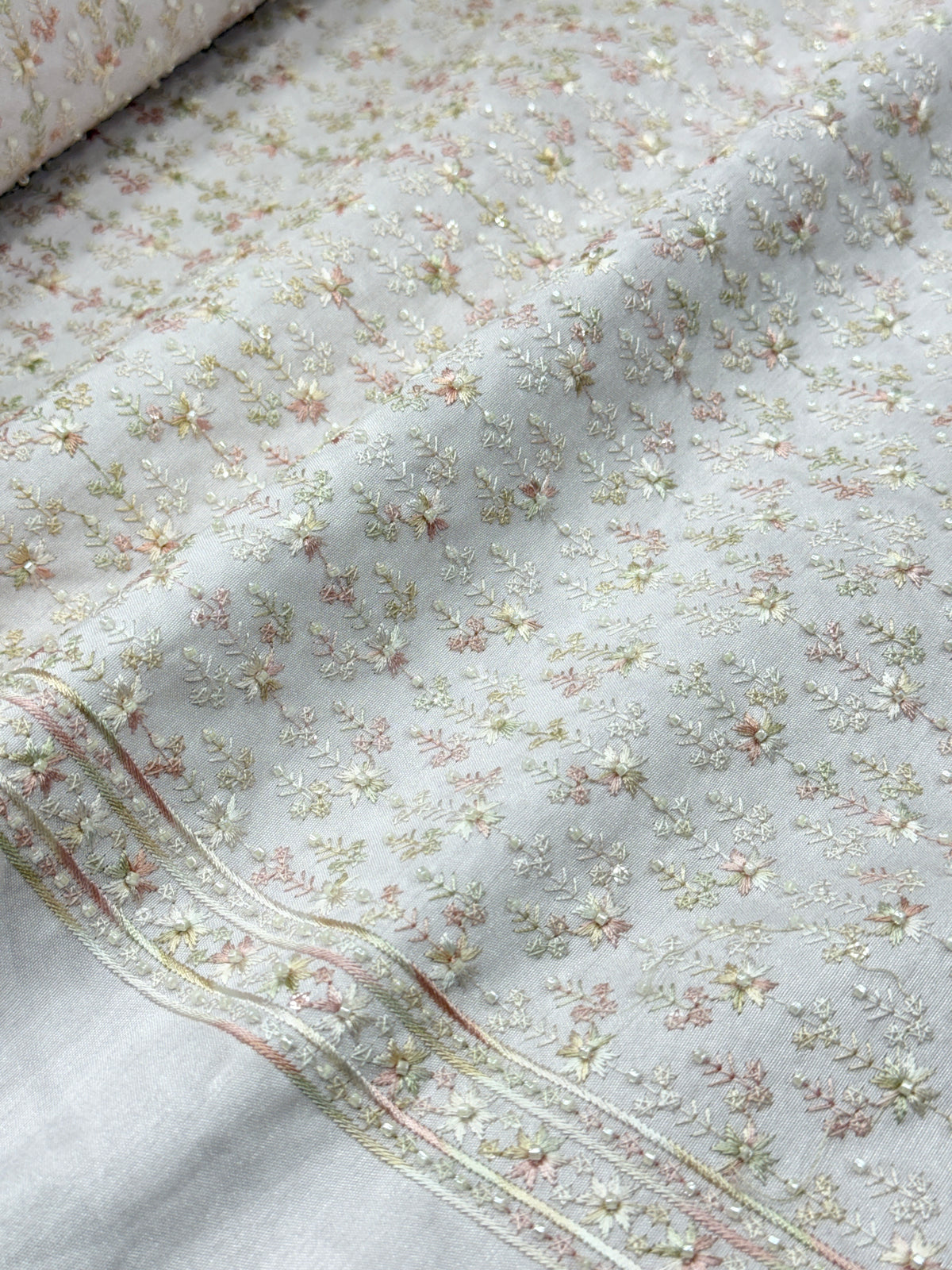 Pink Floral Beadwork Embroidered Fabric | 2504469