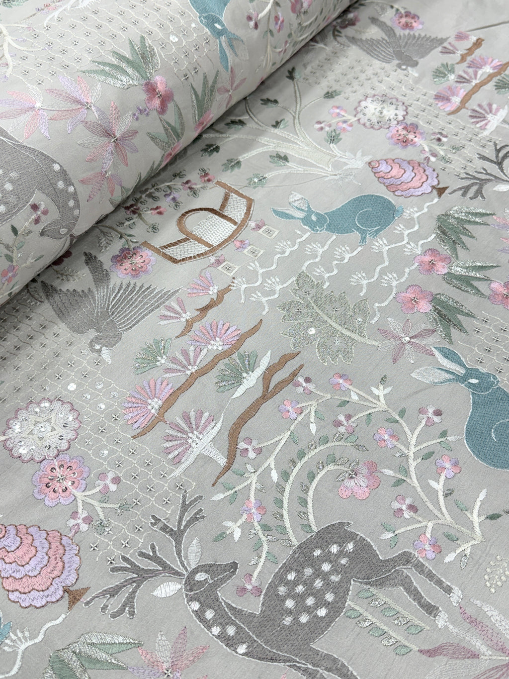 Pastel Deer & Garden Silk Embroidered Fabric | 2504920