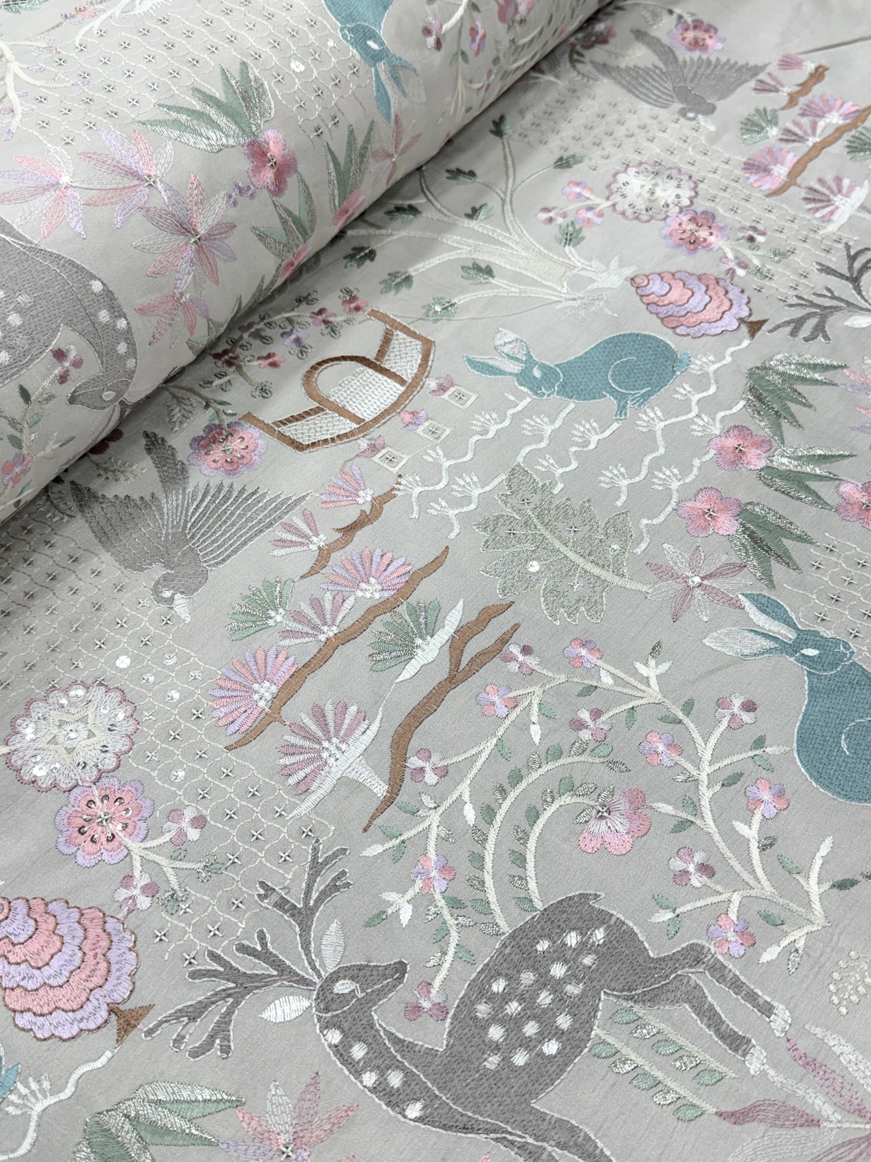 Pastel Deer & Garden Silk Embroidered Fabric | 2504920