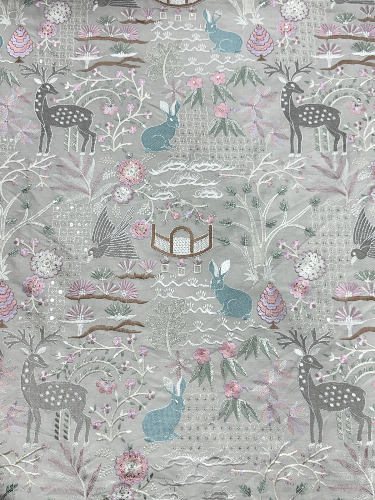 Pastel Deer & Garden Silk Embroidered Fabric | 2504920