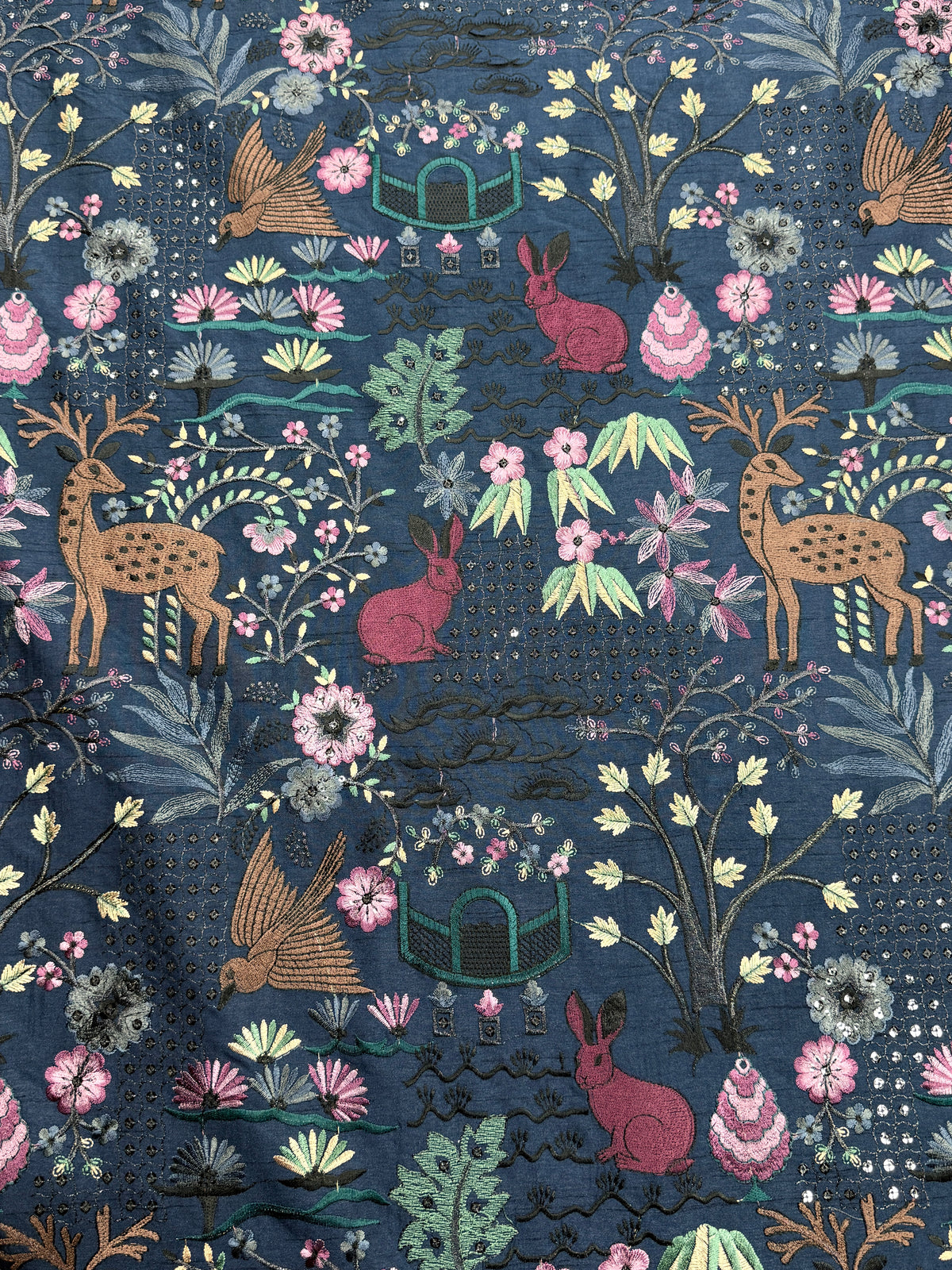 Royal Garden & Deer Embroidered Silk Fabric | 2504675