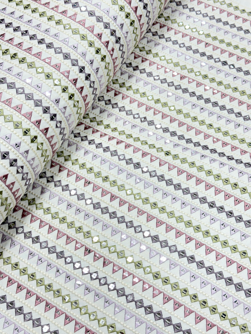 Pastel Geometric Sequin Embroidered Silk Fabric | 2504681