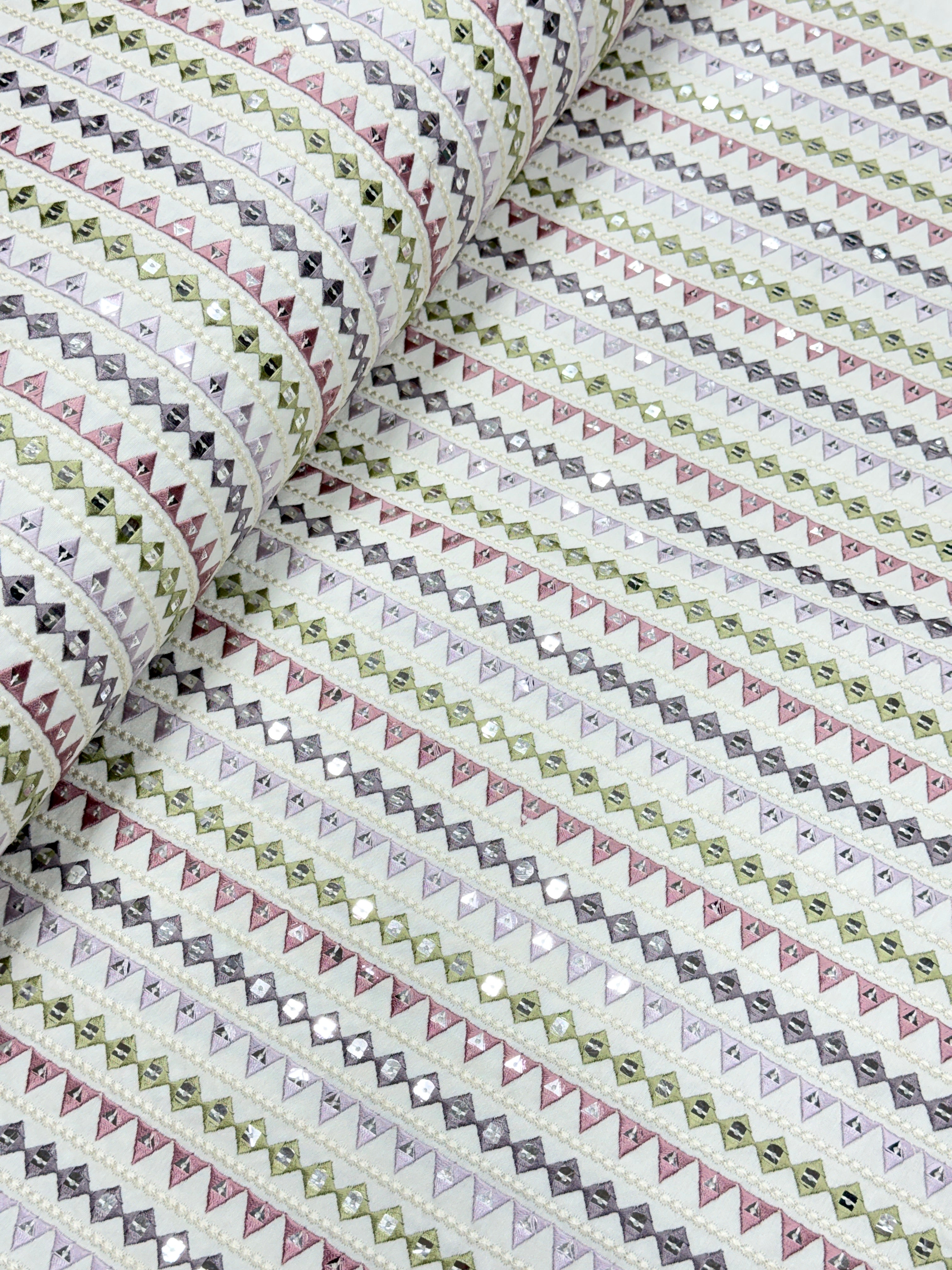 Pastel Geometric Sequin Embroidered Silk Fabric | 2504681