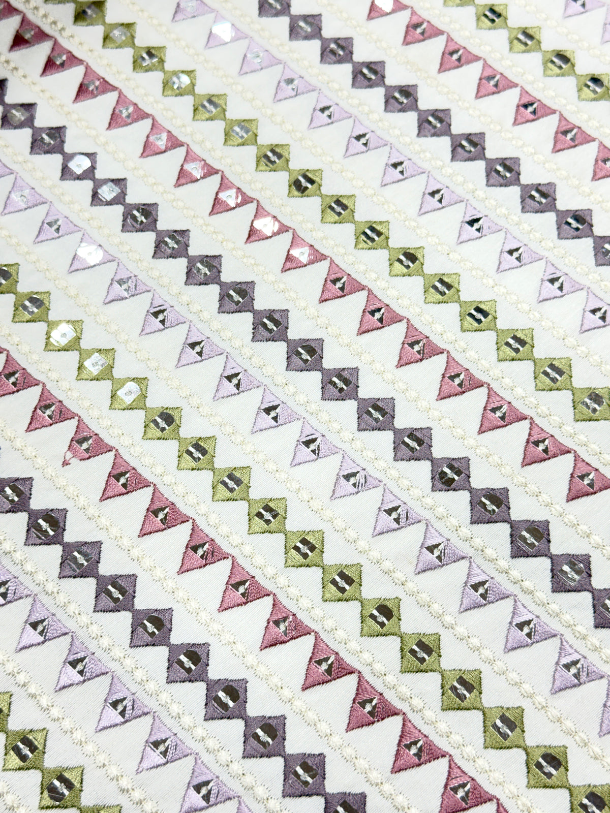 Pastel Geometric Sequin Embroidered Silk Fabric | 2504681