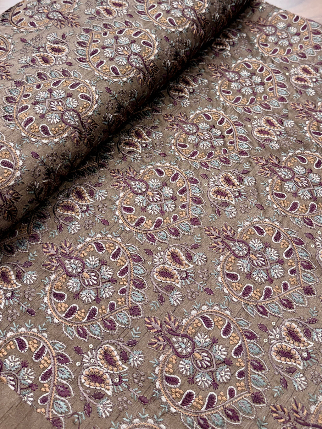 Brown Paisley Multicolour Threadwork Fabric | 2502622