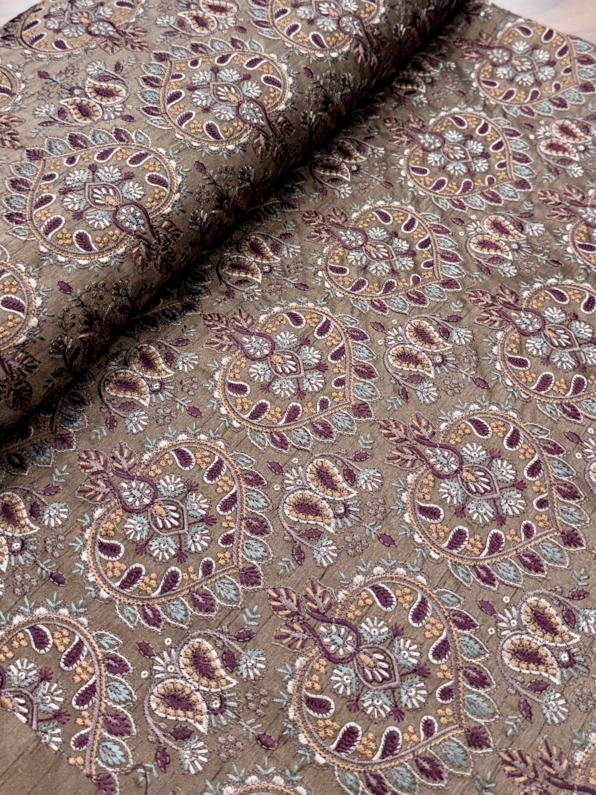 Brown Paisley Multicolour Threadwork Fabric | 2502622