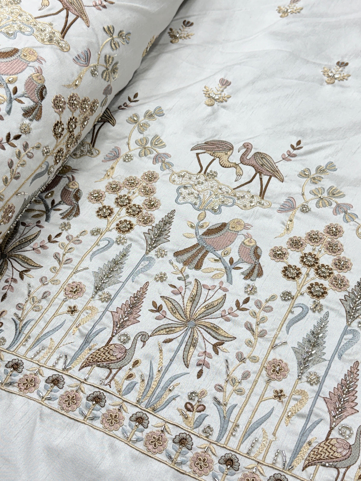 Sea Green Heritage Bird & Floral Beadwork Fabric | 2504683