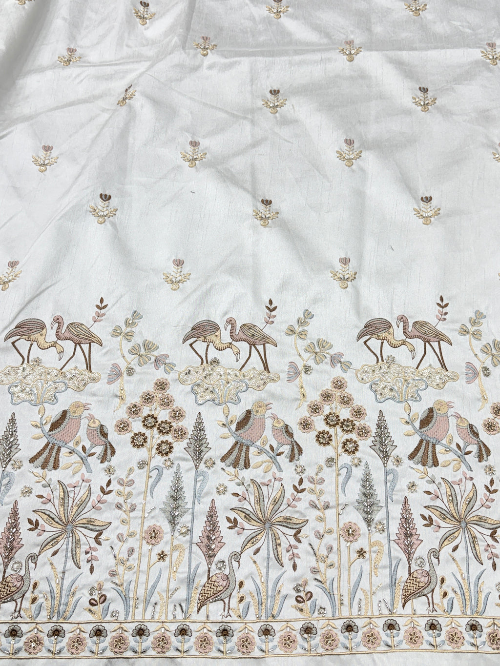 Sea Green Heritage Bird & Floral Beadwork Fabric | 2504683