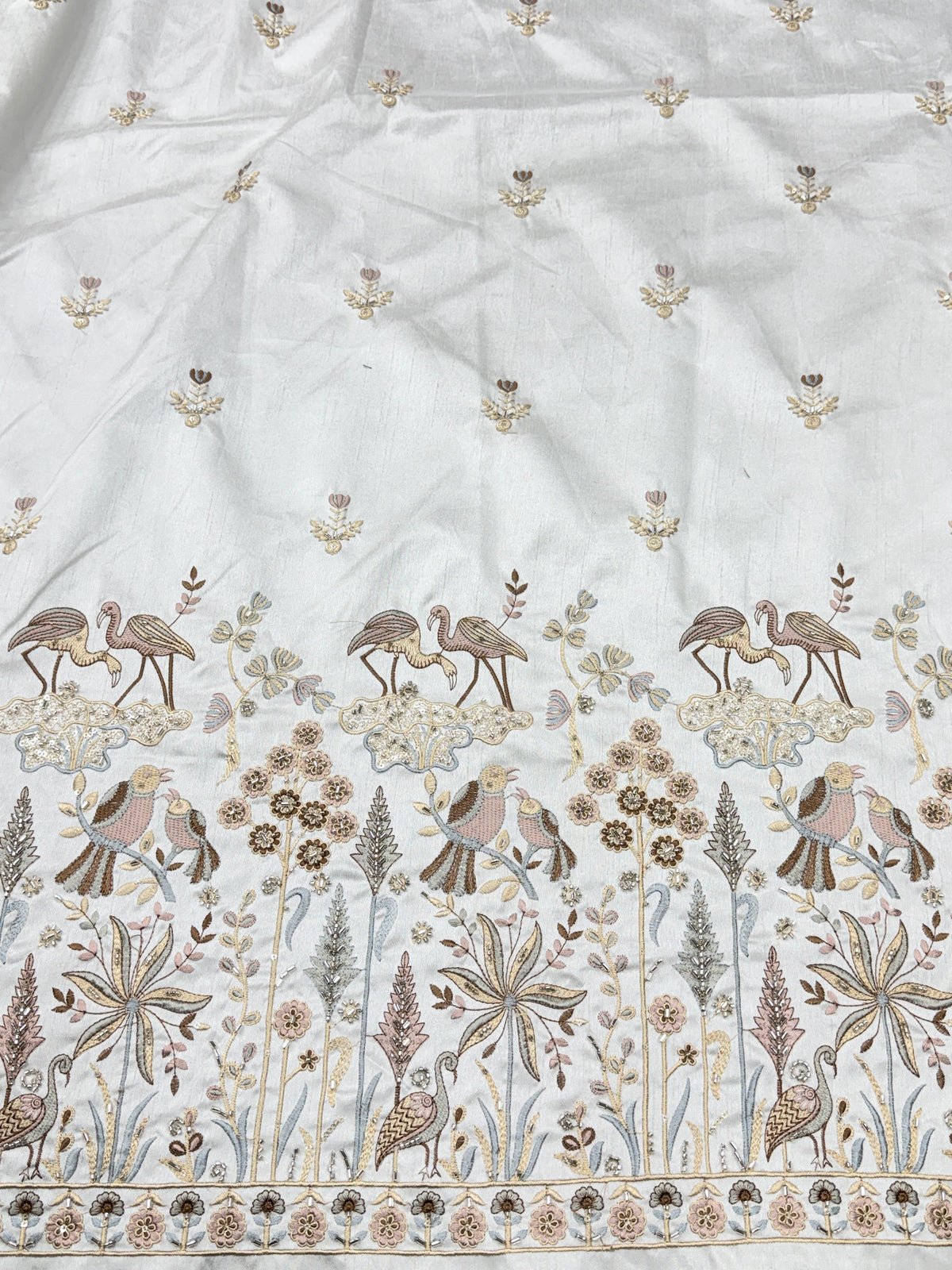 Sea Green Heritage Bird & Floral Beadwork Fabric | 2504683