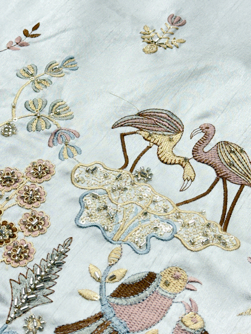 Sea Green Heritage Bird & Floral Beadwork Fabric | 2504683