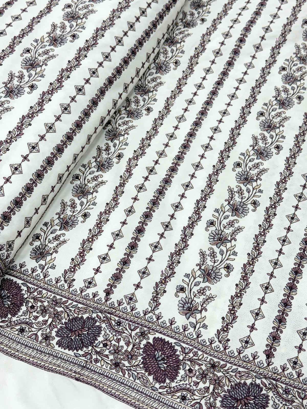 Ivory Floral Striped Silk Fabric with Designer Border | 2504710