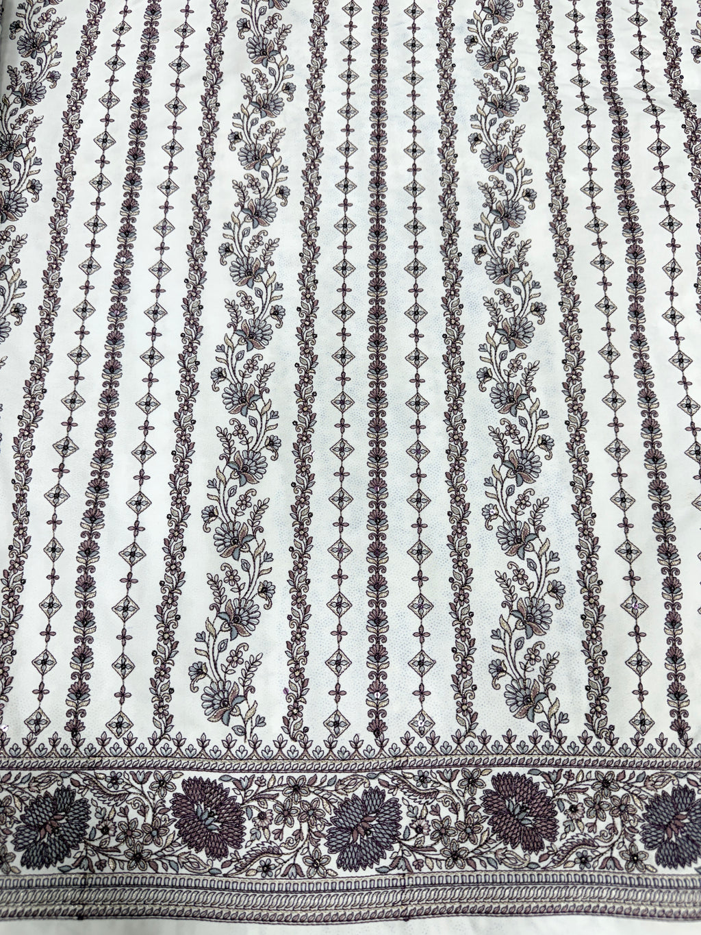 Ivory Floral Striped Silk Fabric with Designer Border | 2504710