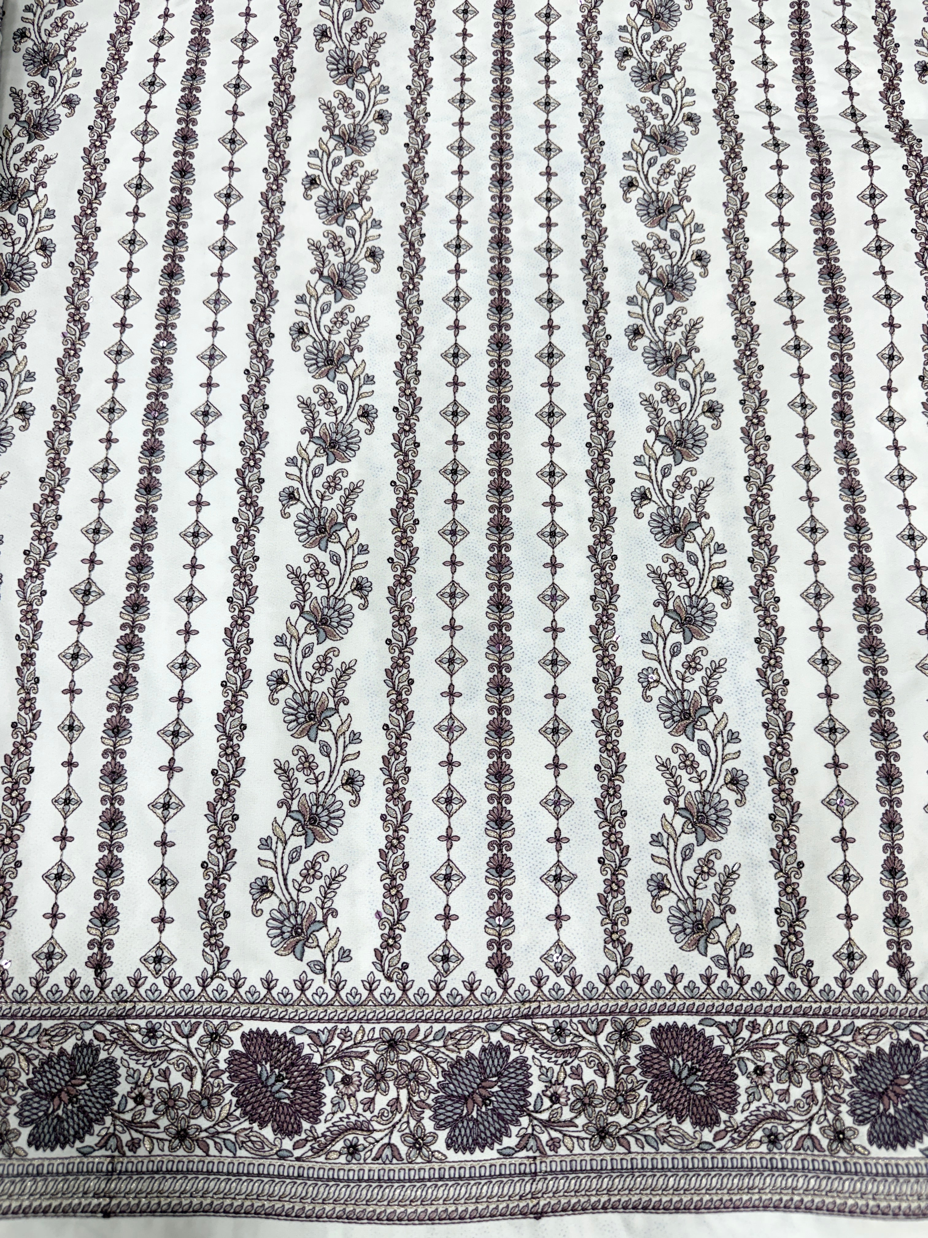 Ivory Floral Striped Silk Fabric with Designer Border | 2504710