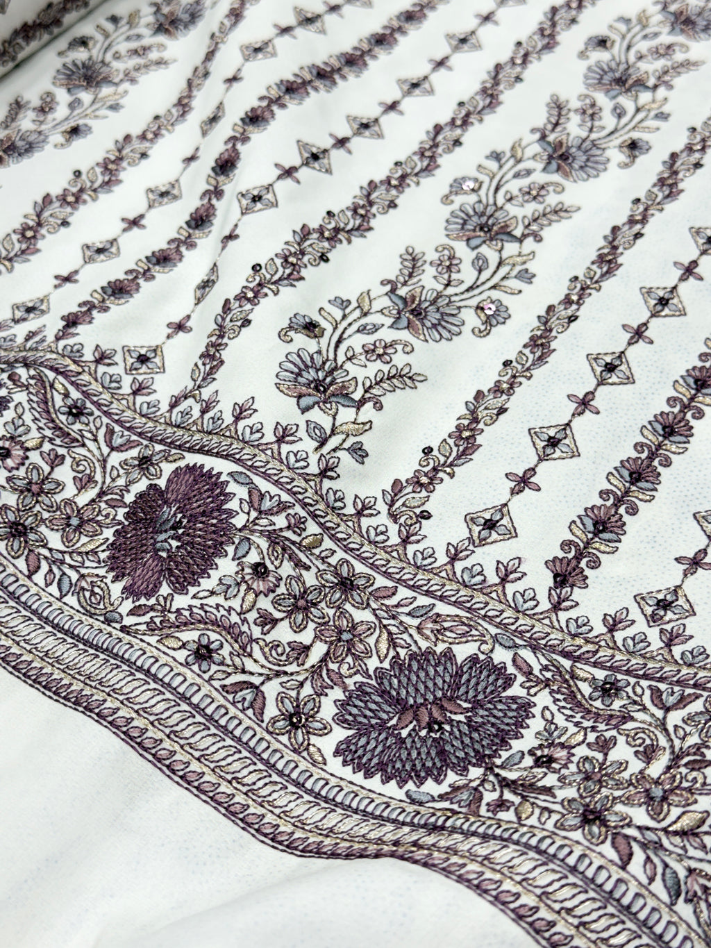 Ivory Floral Striped Silk Fabric with Designer Border | 2504710