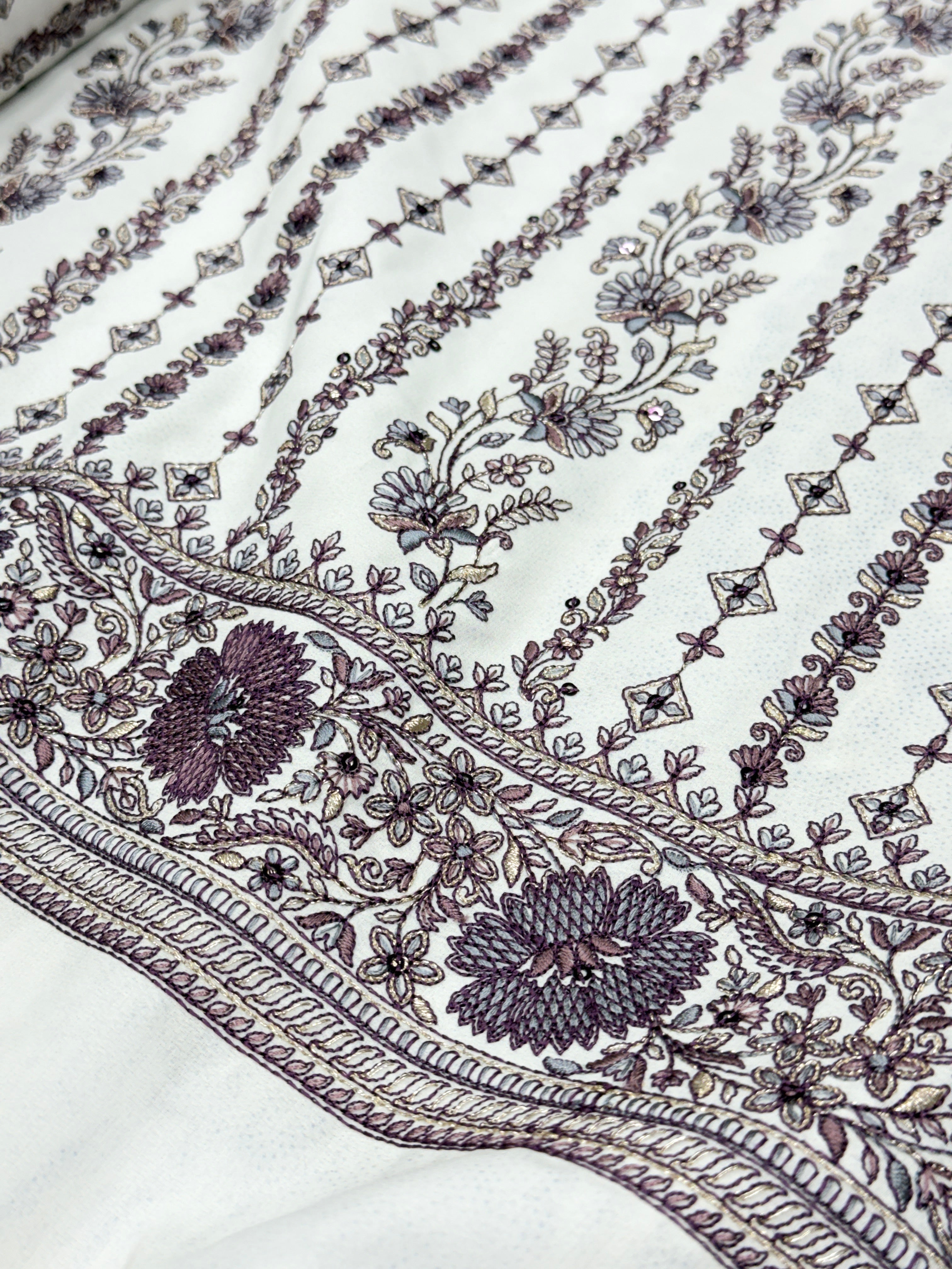 Ivory Floral Striped Silk Fabric with Designer Border | 2504710