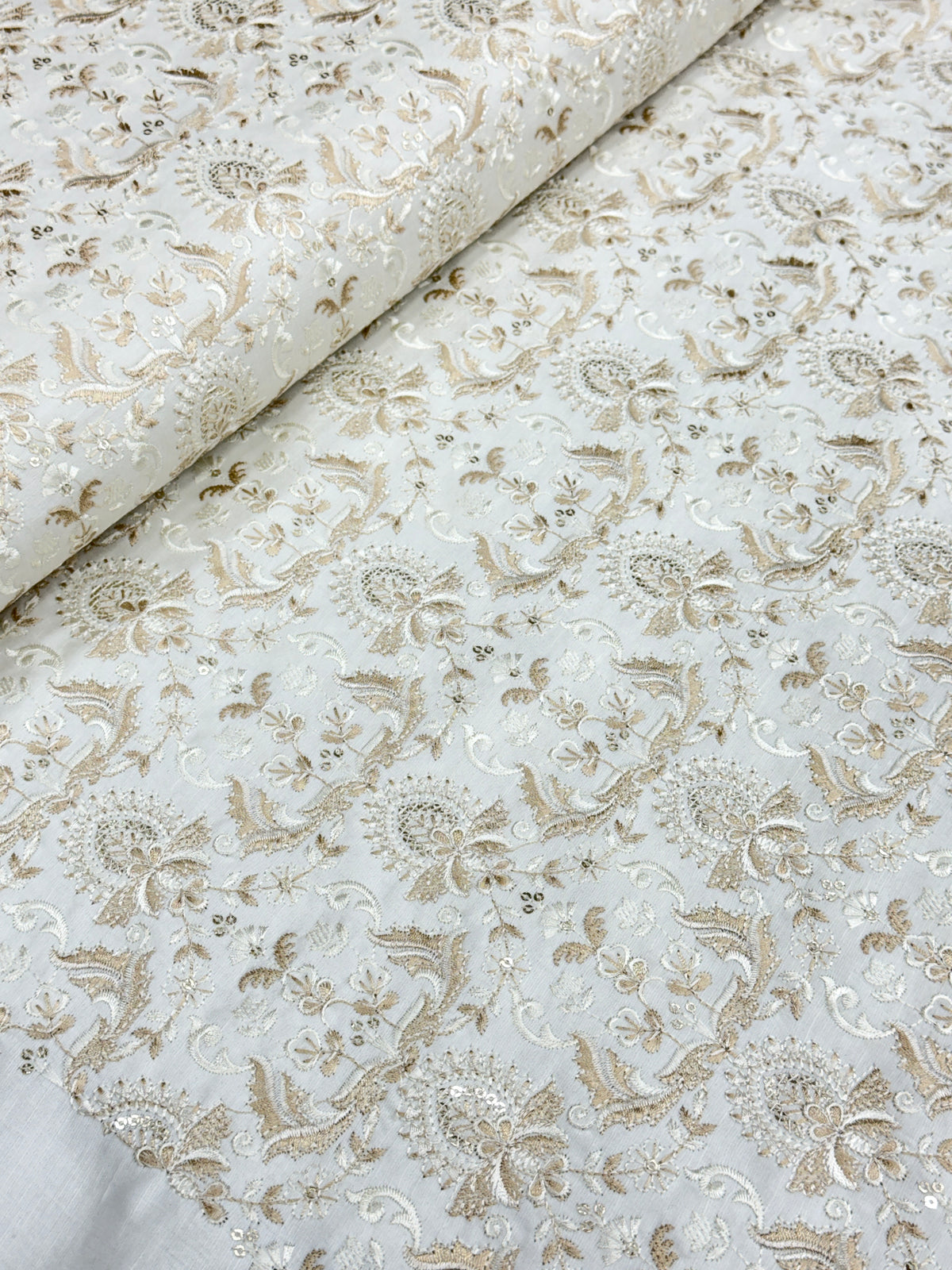 Ivory Gold Regal Damask Embroidered Fabric | 2502603