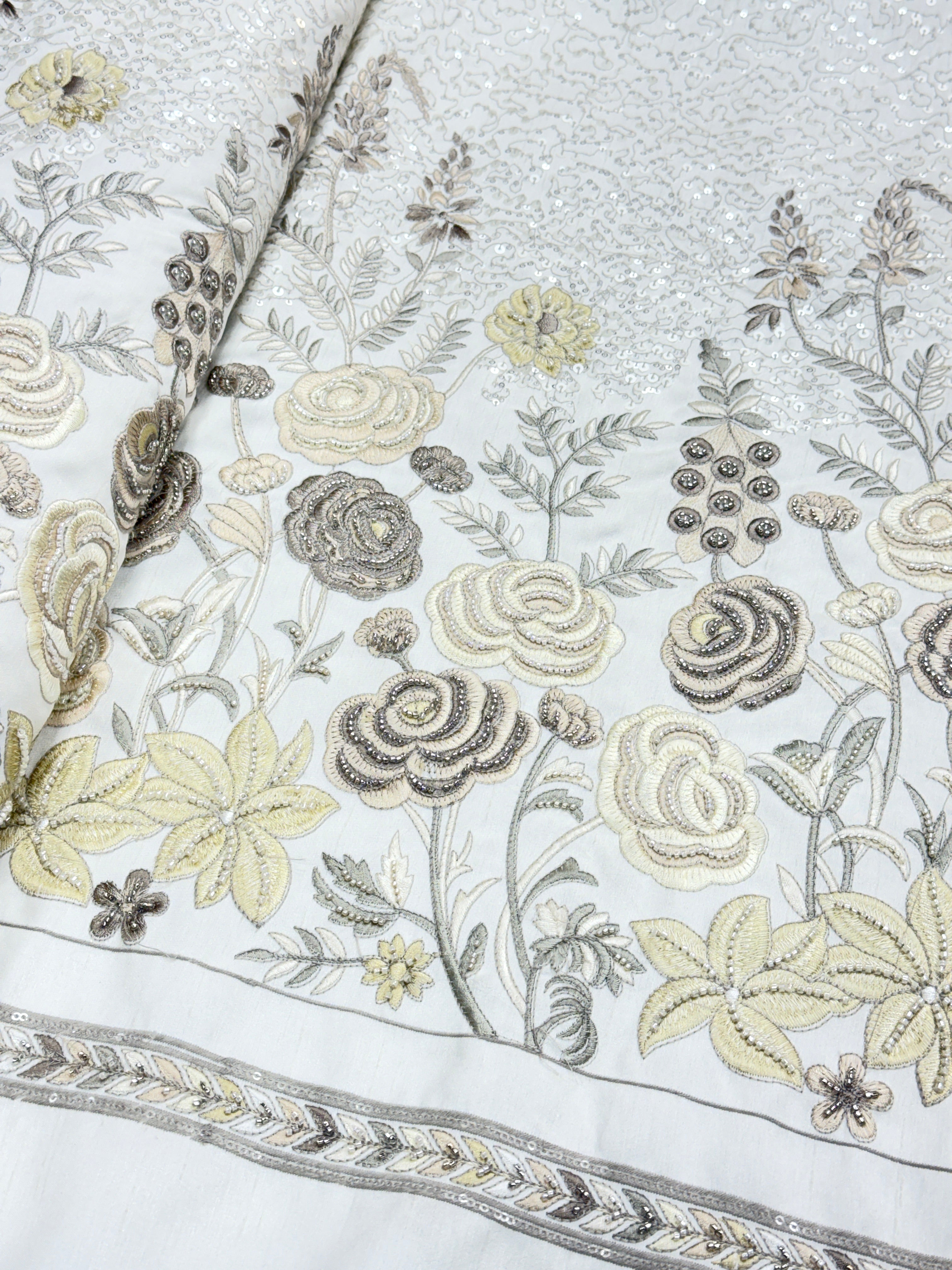 Ivory White Floral Beaded Embroidered Fabric | 2504918