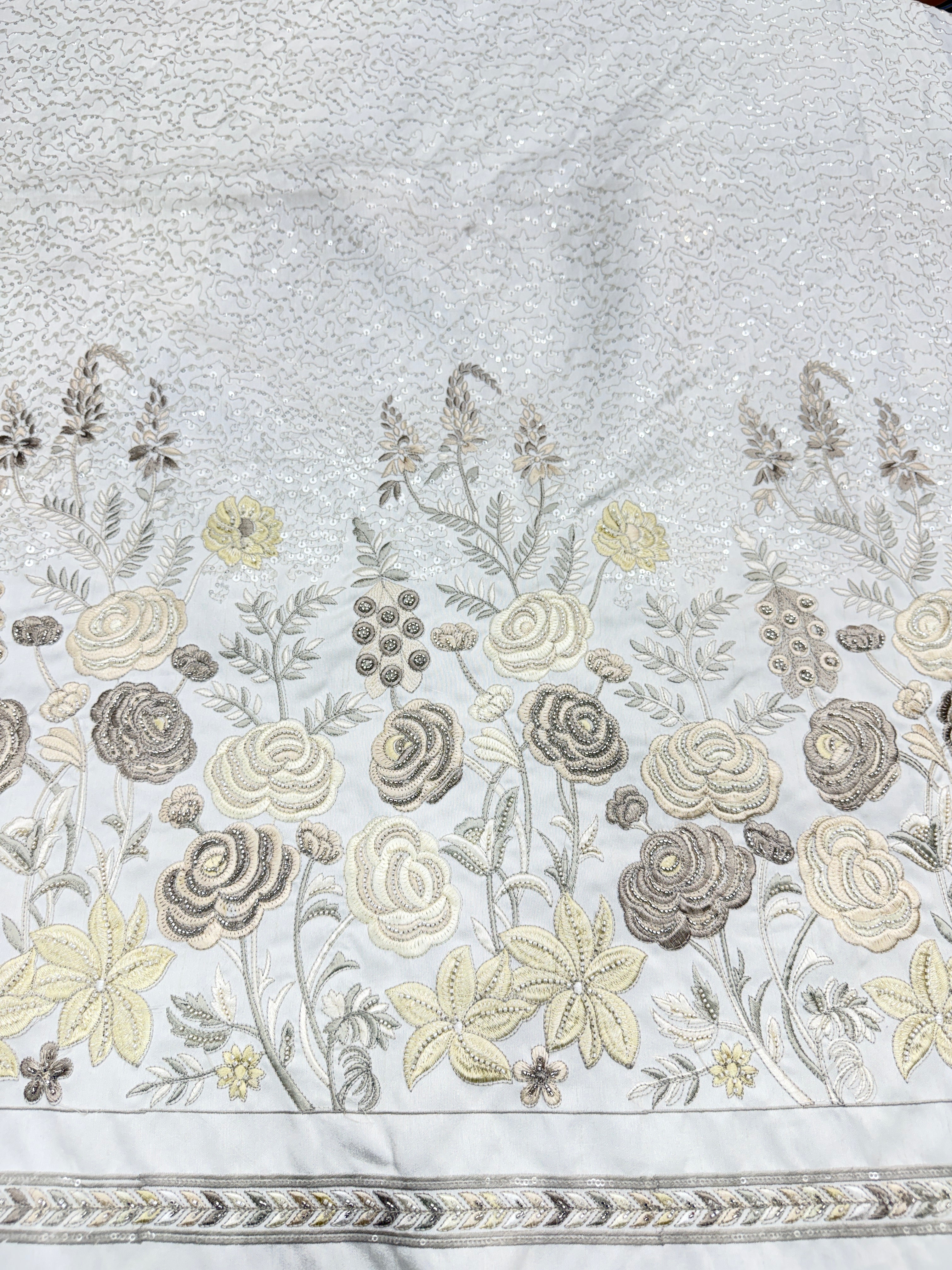 Ivory White Floral Beaded Embroidered Fabric | 2504918