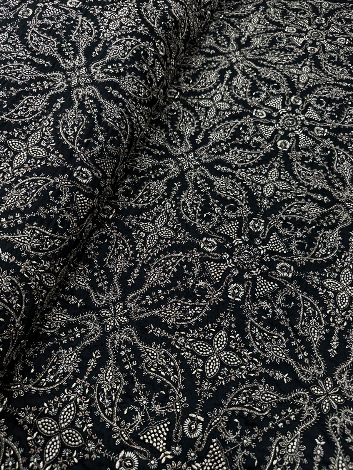 Black Zari & Sequin Embroidered Fabric with Paisley Motifs | 2506264