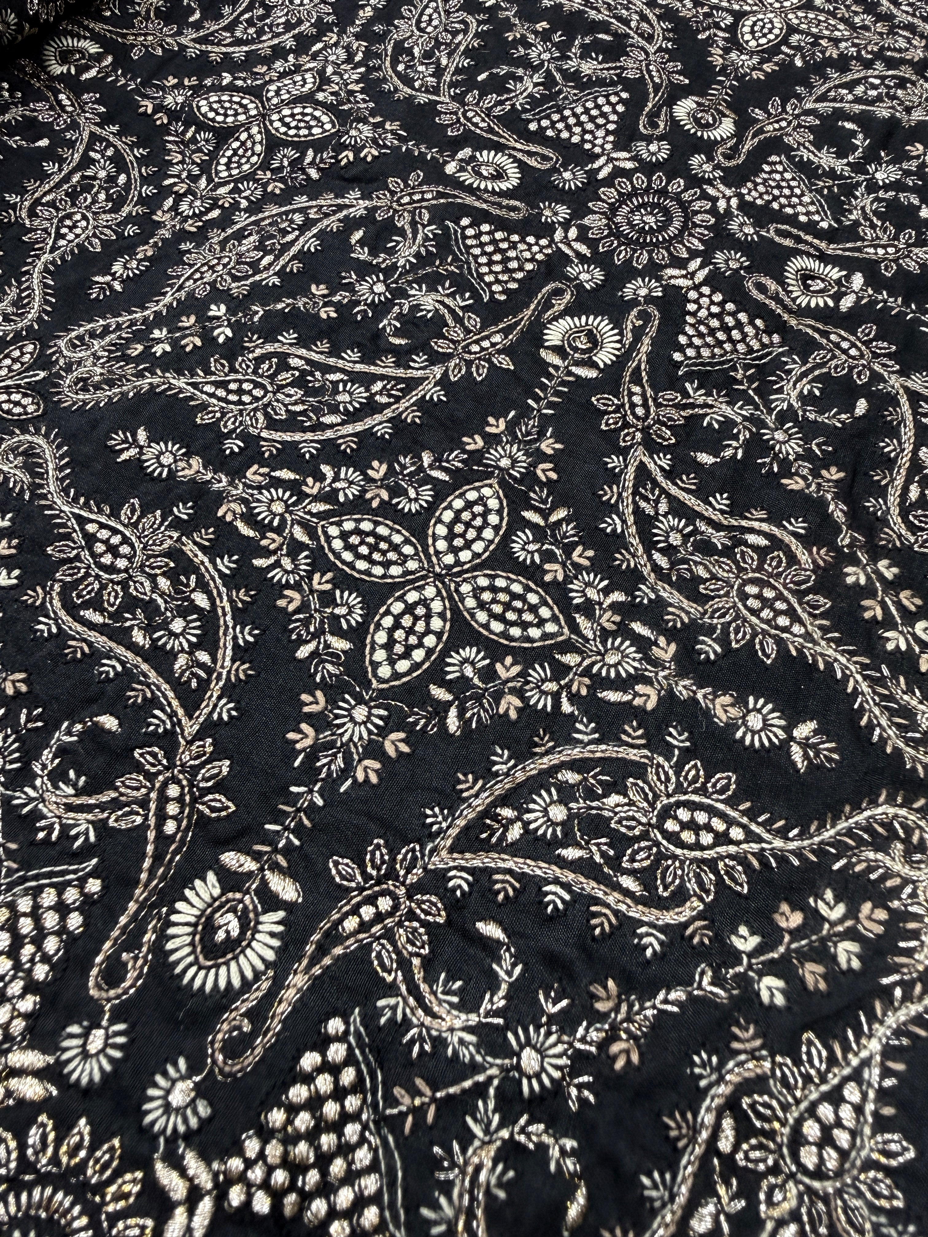 Black Zari & Sequin Embroidered Fabric with Paisley Motifs | 2506264