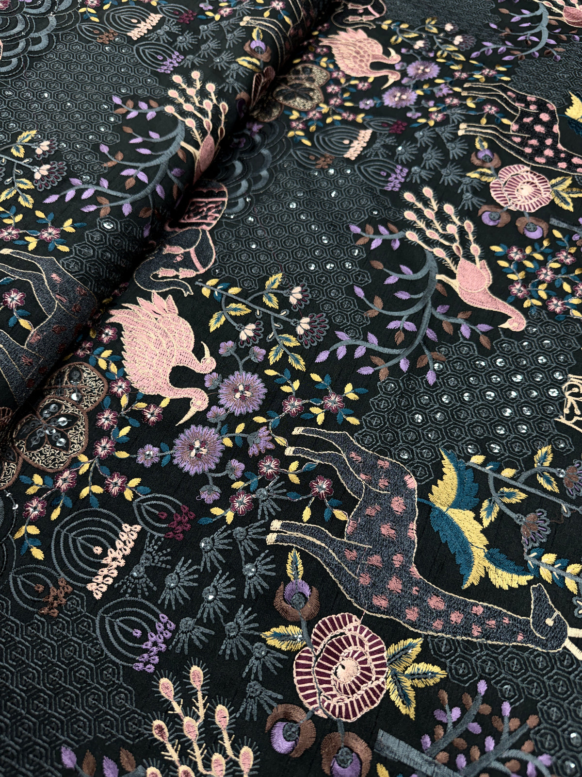 Black Designer Fabric with Multicolor Floral & Animal Embroidery | 2502617