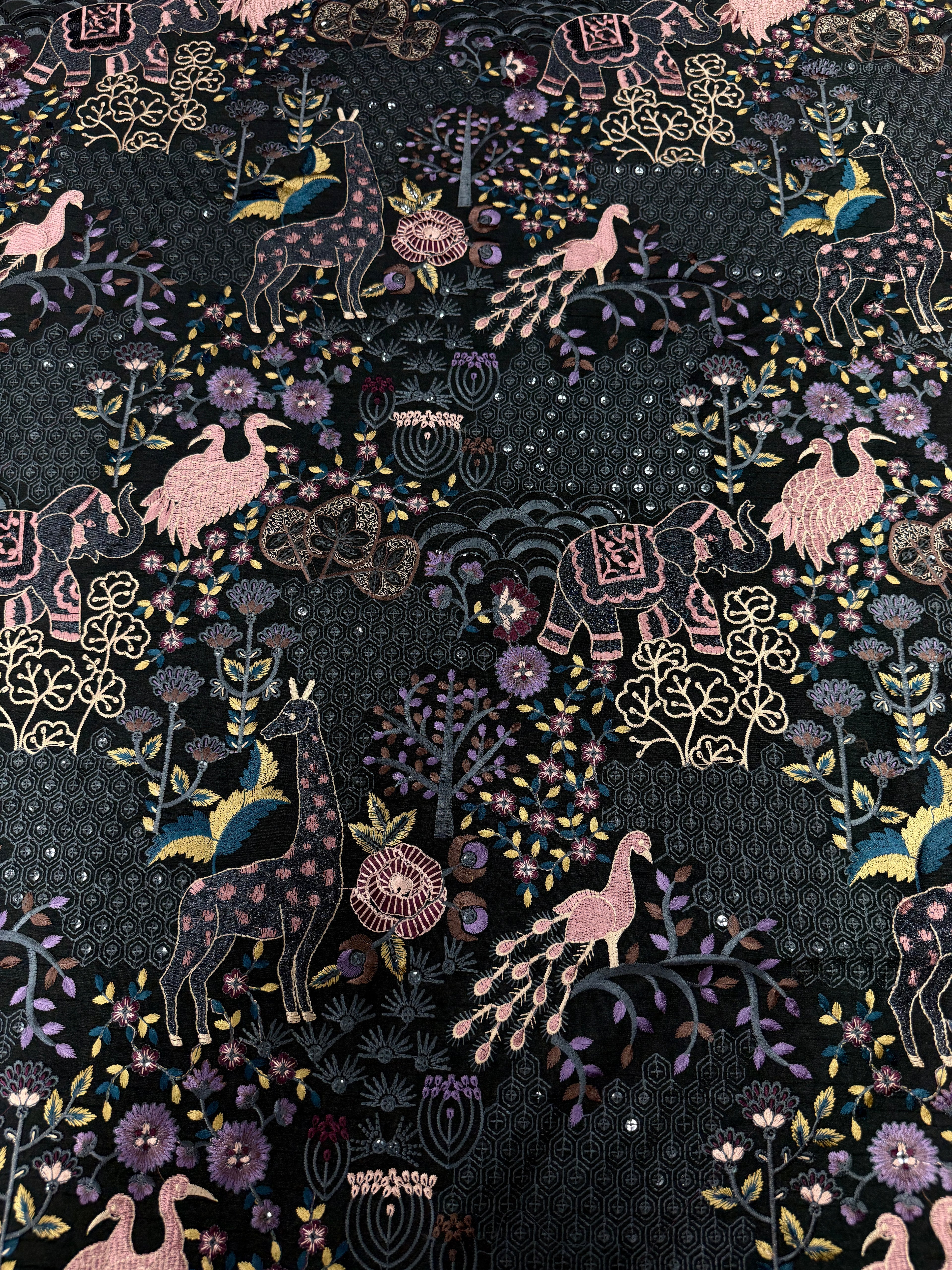 Black Designer Fabric with Multicolor Floral & Animal Embroidery | 2502617