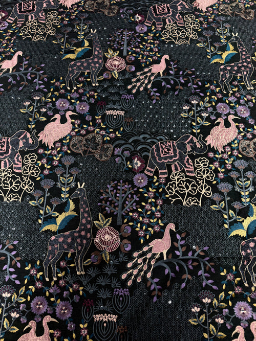 Black Designer Fabric with Multicolor Floral & Animal Embroidery | 2502617