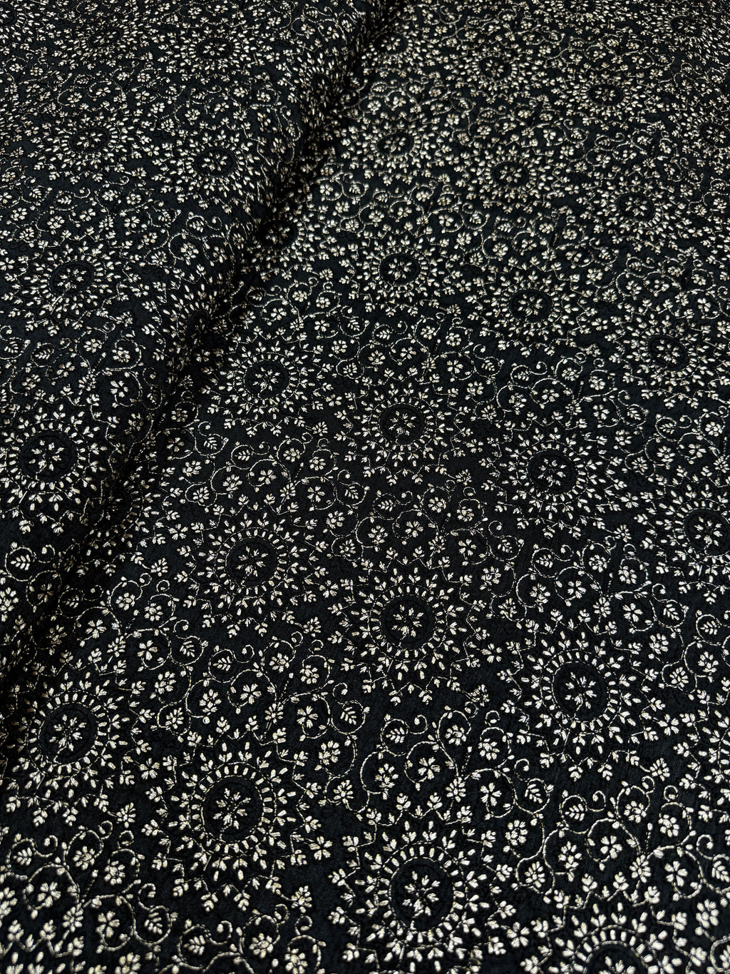 Black Embroidered Fabric with Intricate Floral Motif | 2501776