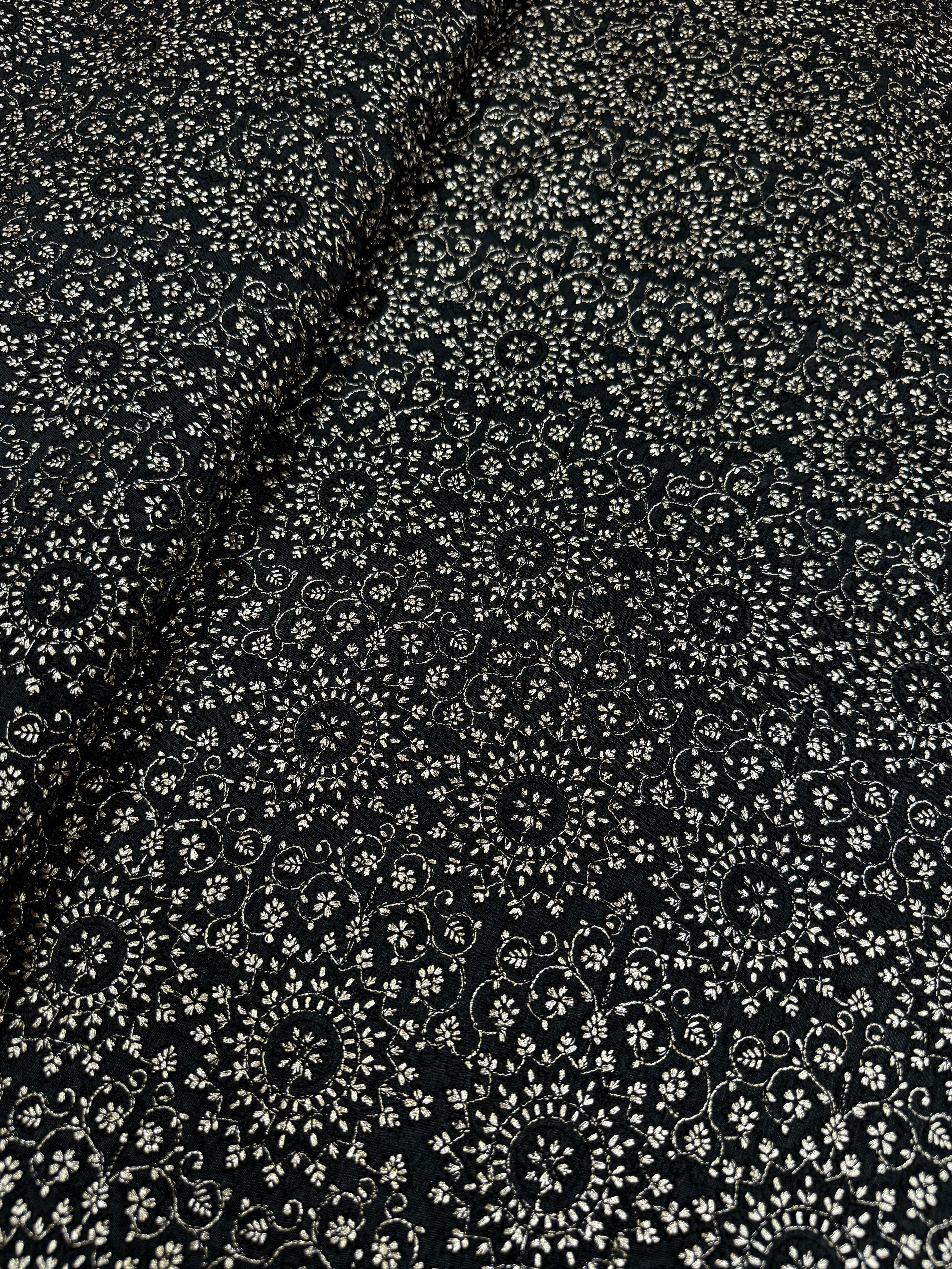 Black Embroidered Fabric with Intricate Floral Motif | 2501776